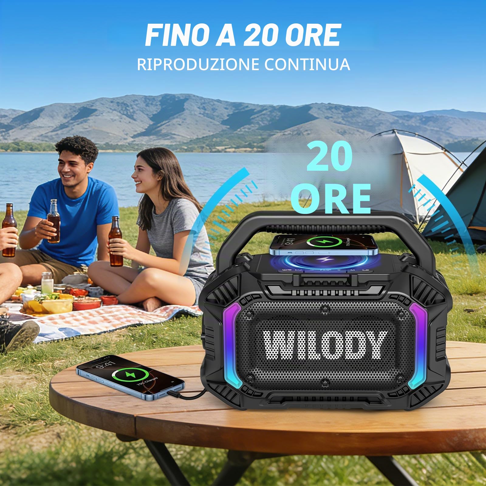 Wilody Altoparlante Bluetooth portatile wireless,cassa bluetooth portatile con bassi profondi da 100 W,potente IPX7,con ricarica wireless,20 ore di riproduzione,ingresso TF/AUX/USB,RGB,TWS,BT5.3,Nero