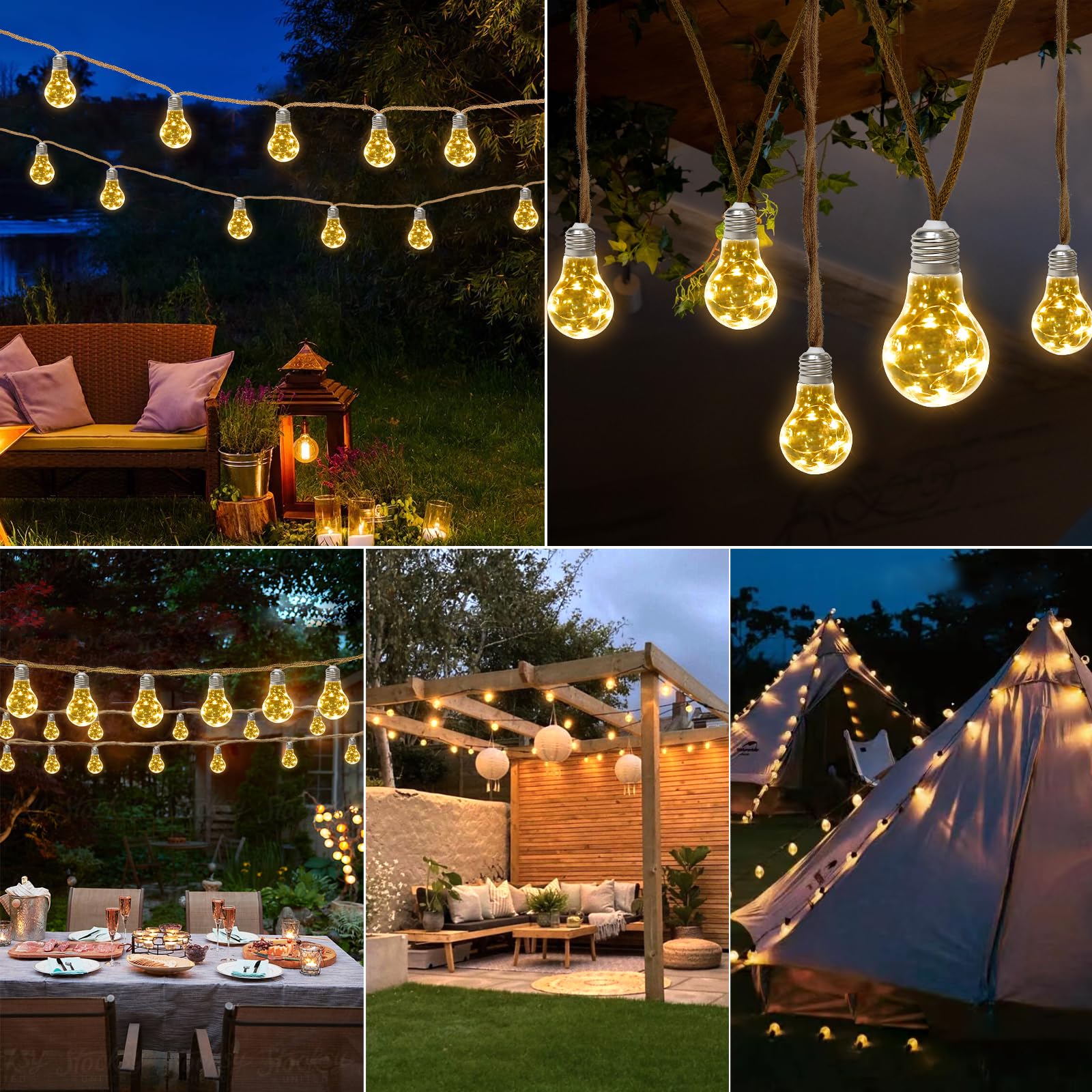 Catena Luminosa Esterno Solare A60 20-Lampadine 200Leds 12,5M Luci da Esterno con Corda di Canapa 8 Modalità con Telecomando IP65 Impermeabile Bianco Cald Lampada Solare da Esterno Catena Luci Esterno