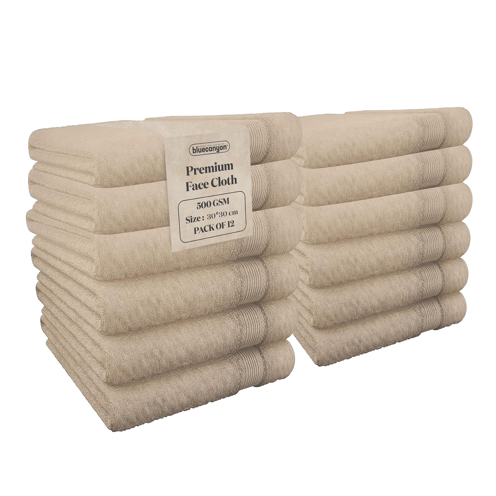 Blue Canyon Face Cloth, Bathroom Soft Towels, Woven Light–Weight, Quick Dry, Reusable Face Towels, Bacteria Resistant, Skin Friendly, Makeup Remover Cloth 30 * 30 cm, 500 GSM, PACK OF 12, (LATTE)