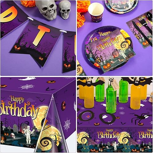 Miniatura 3 de Juego de vajilla de suministros para fiesta de Halloween, incluye platos de papel desechables de Halloween, cumpleaños, servilletas, vasos, mantel