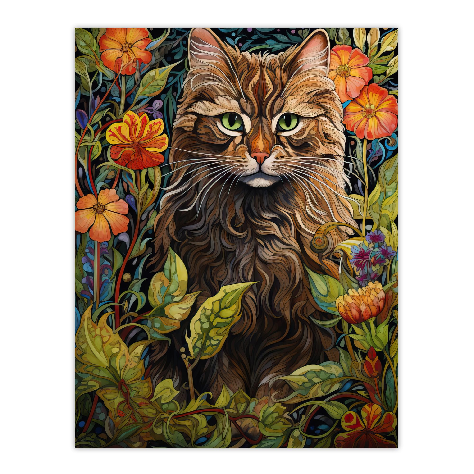Artery8 Cat In Flower Field Blooms Stylised Graphic Painting Colourful Psychedelic Animal Portrait Large Wall Art Poster Print Thick Paper 18X24 Inch