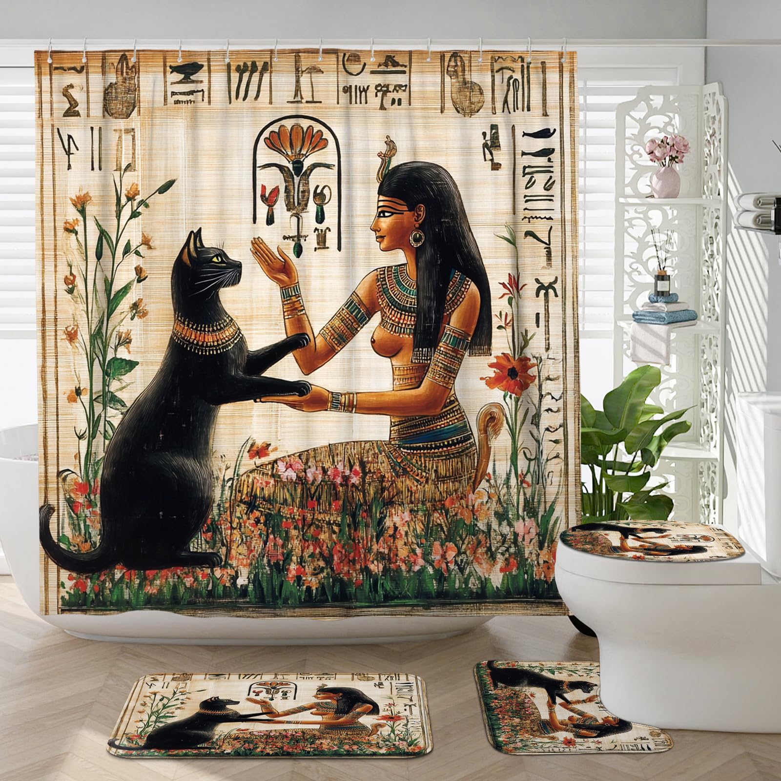 Rideau de douche motif chat égyptien, décoration de salle de bain motif chat vintage, printemps été, art ethnique, ensemble de rideau de douche en tissu imperméable avec tapis et crochets pour la
