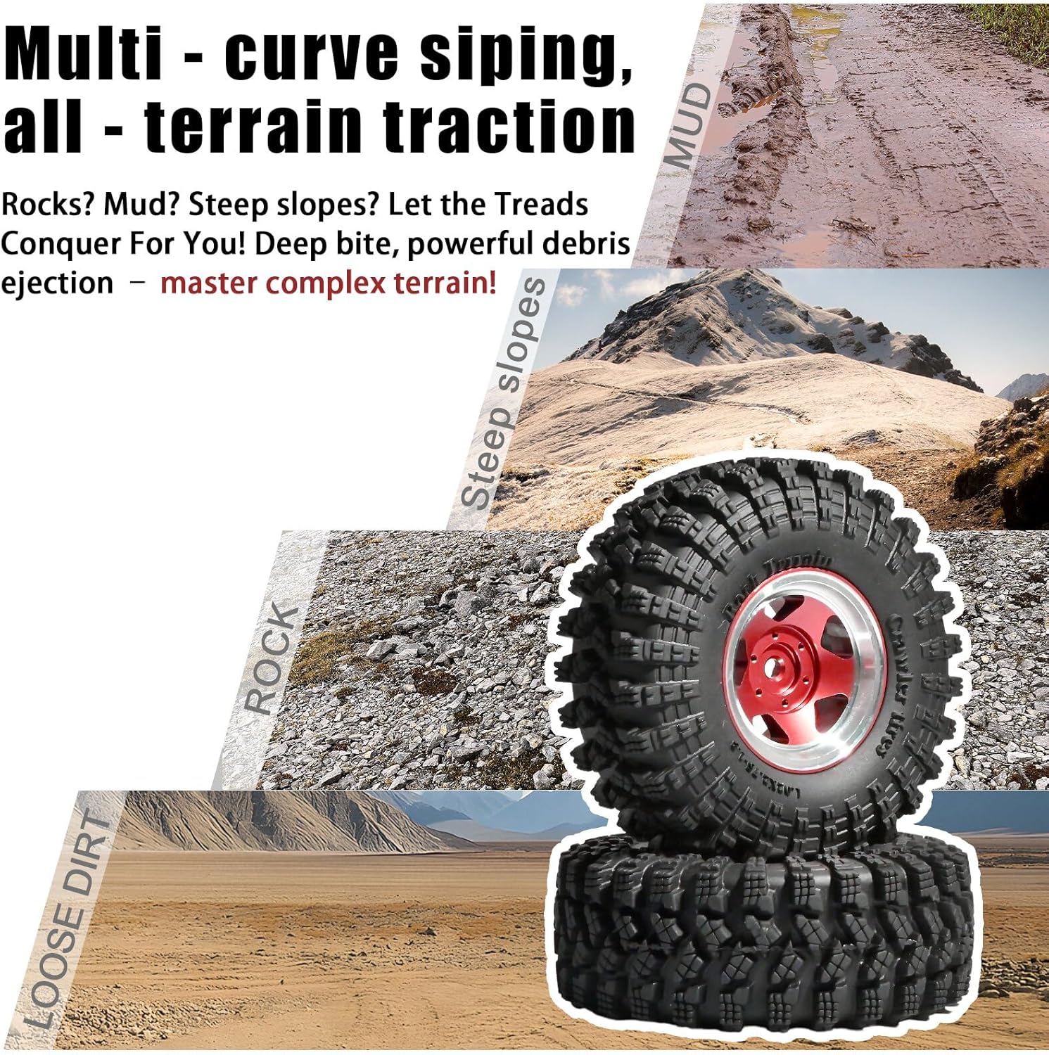 1.3” Beadlock Wheel Tires Set 70 * 26mm Aluminum Wheel Rims Super Large Soft Mud Terrain Off-Road Tires for 1/18 1/24 RC Crawler Car SCX24 Axial AX24 FMS FCX24 TRX4M Upgrade RC Car（4 Pcs） Red
