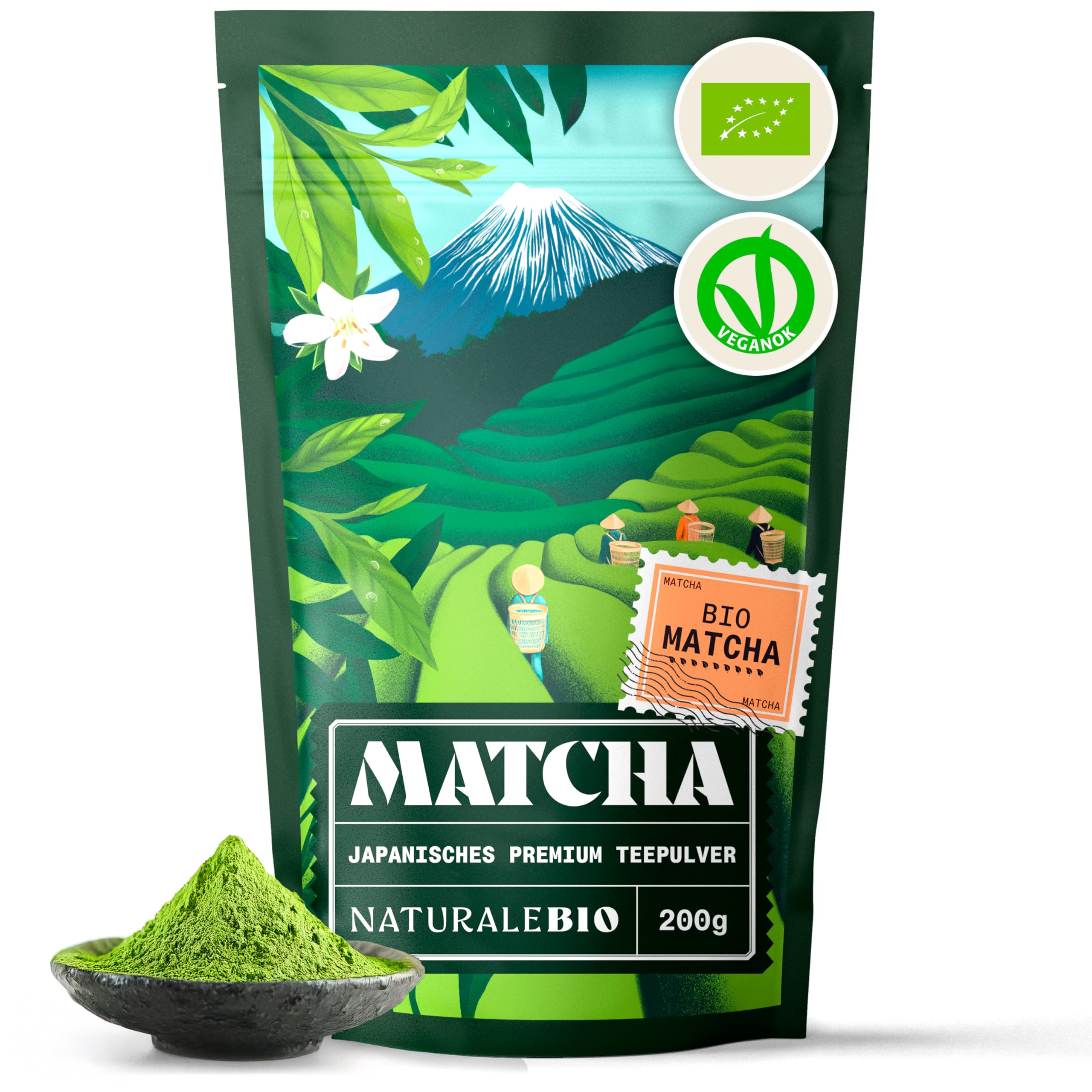 NaturaleBio Matcha Tee Pulver Bio - Premium-Qualität - 200g. Original Green Tea aus Japan. ideal zum Trinken. Grüntee-Pulver für Latte, Smoothies, Matcha-Getränk. Hergestellt in Uji, Kyoto.