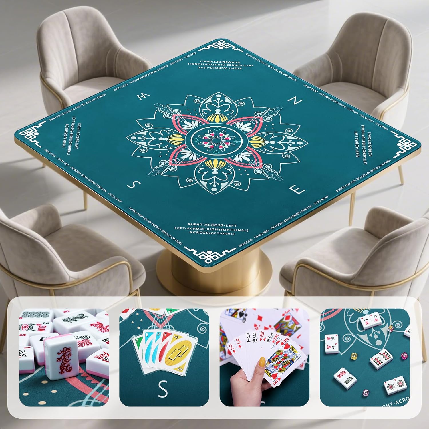 DEVPNR Mahjong Mat for Table with Rules, 32.6"x32.6" Non-Slip Mahjong Table Cover, Noise-Reducing Table Cloth for American Mahjong, Poker, Card & Board Games, Portable with Travel Bag (Green)