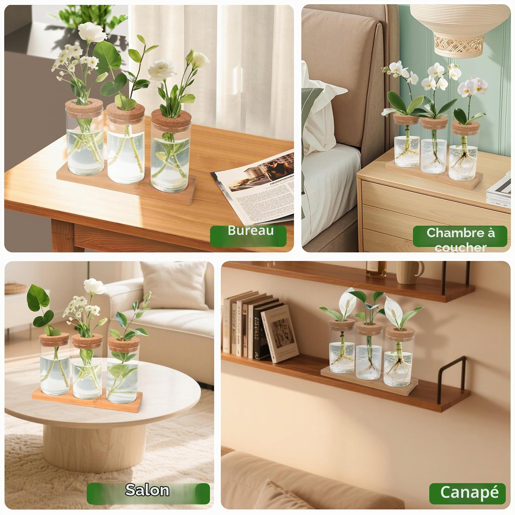 Stations de Propagation de Plantes Vases Hydroponiques avec Socle et Bouchons en Bois 3 Pièces pour Plantes Aquatiques ou Fleurs