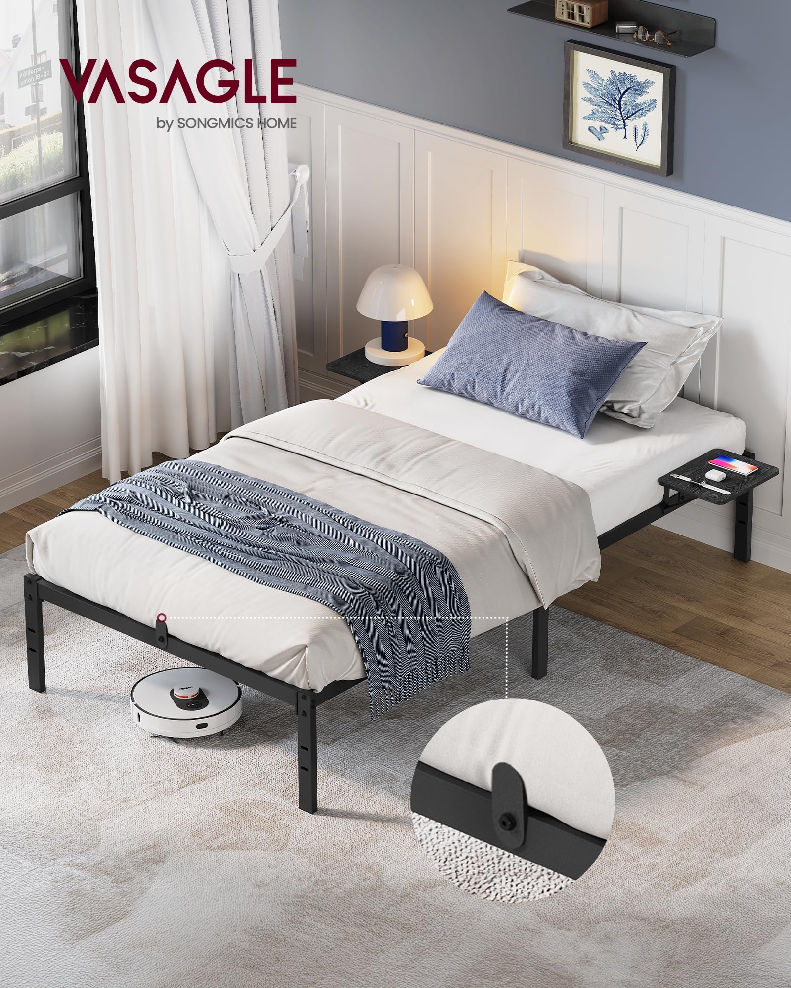 VASAGLE Cadre de Lit 90 x 200 avec Sommier Métal, Cadre en Métal avec Étagères de Rangement, Tête de Lit, pour Adolescents, Montage Facile, Noir Classique RMB092B01