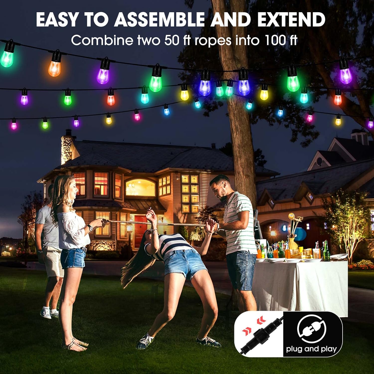 2023 Upgraded Outdoor String Lights, DIY Color Changing RGB Bright Smart Light 50ft Work with Alexa & Remote for Party, IP65 Waterproof Outside Patio String Light with 15 Dimmer LED Bulbs