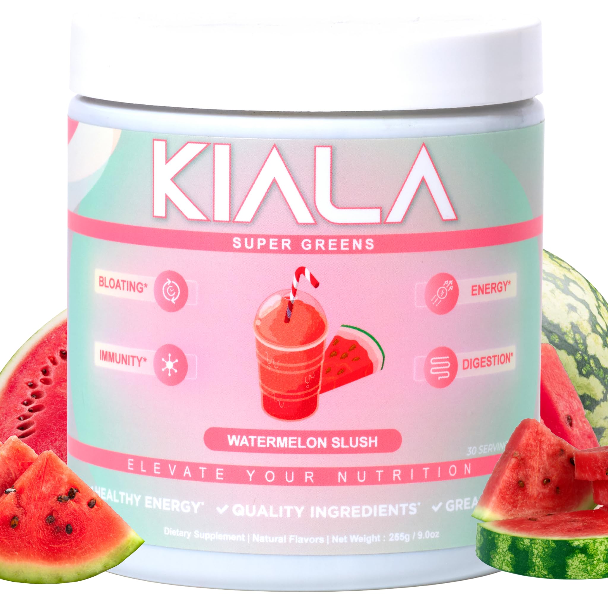 Kiala Nutrition Super Greens, Organic Greens Powder with Spirulina & Chlorella for Digestion, Gut Health, Immunity, Energy, Gluten Free, Vegan, Sugar Free, Spectra Blend, Watermelon Slush, 30 Servings