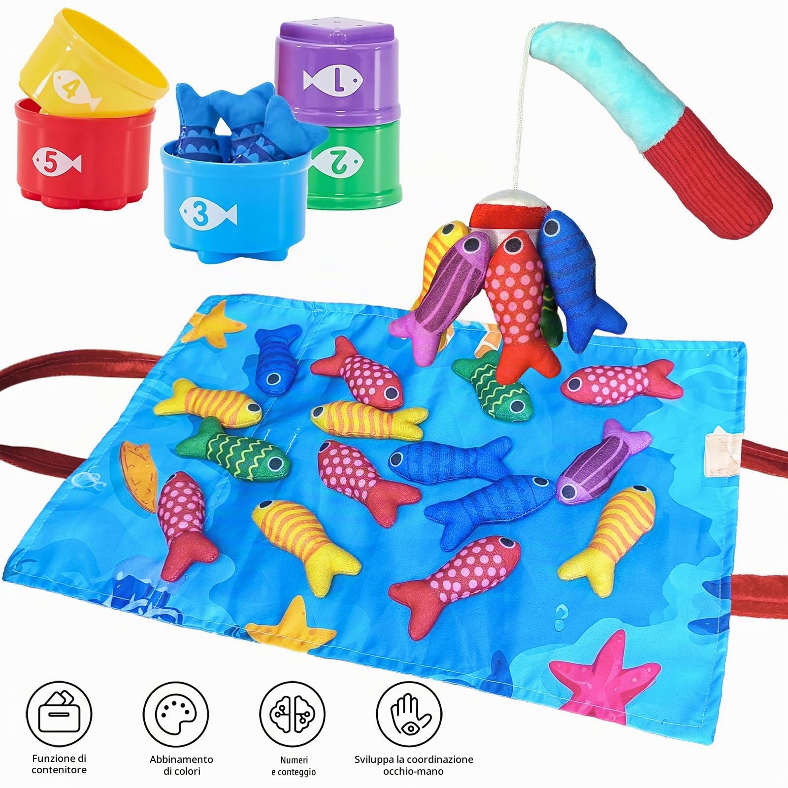 Gioco Pesca Magnetico Morbido in Tessuto per Bambini 1-3 Anni, Giocattolo Educativo Montessori con 15 Pesci e Secchielli