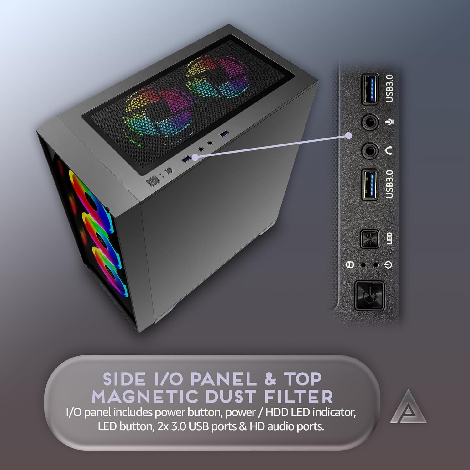 Nærbillede view of the top I/O panel of the Apevia Genesis Pro G-PRO-BK, showing the power button, reset button, LED button, USB 3.0 ports, USB 2.0 ports, and HD audio jacks.