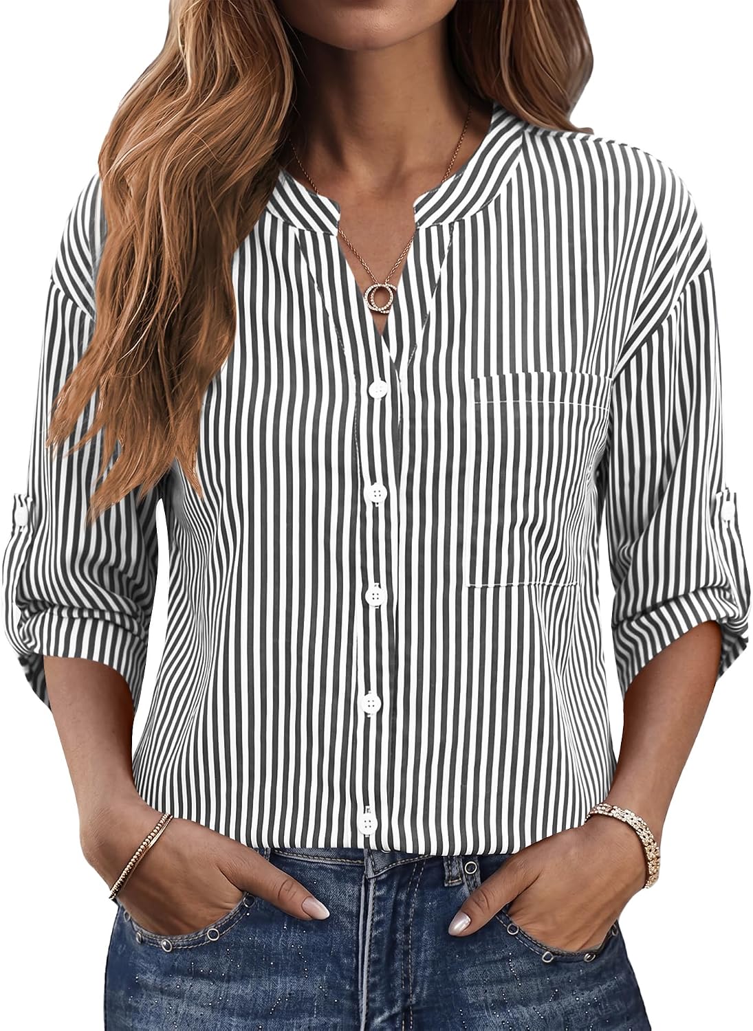 LOMON Women's Button Down Shirts 3/4 Length Sleeve Tops Casual Work Shirt with Pocket S-XXL