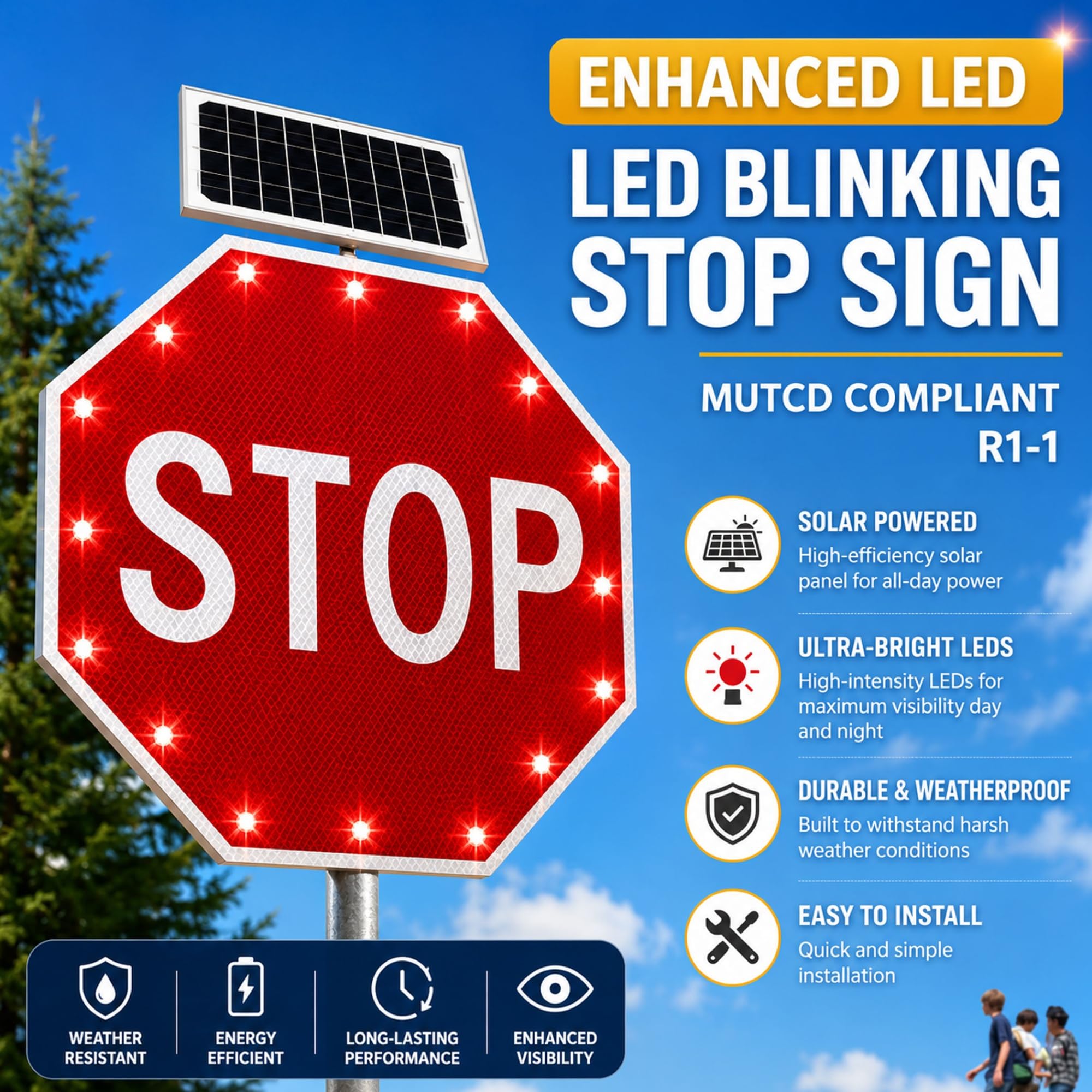 Señal Octogonal Intermitente con LED Solar, 76x76 cm Aluminio Resistente a la Oxidación, IP65 Impermeable para Pasos de Peatones y Entradas de Vehículos