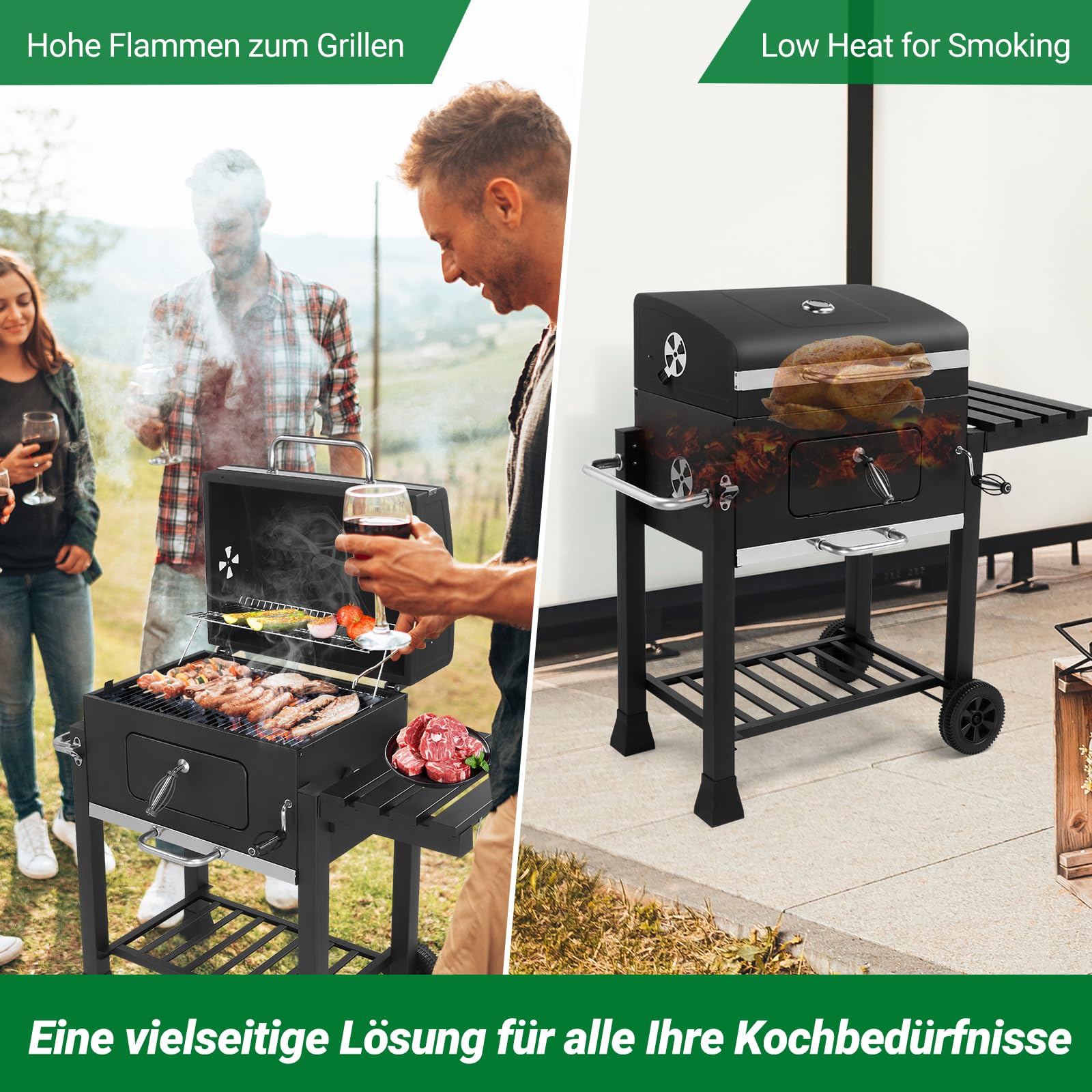 LEADZM Holzkohlegrill mit klappbarem Seitentisch und Rädern, robuster BBQ Grill für Garten, Terrasse und Outdoor Grillabende, 116 × 57 × 108 cm