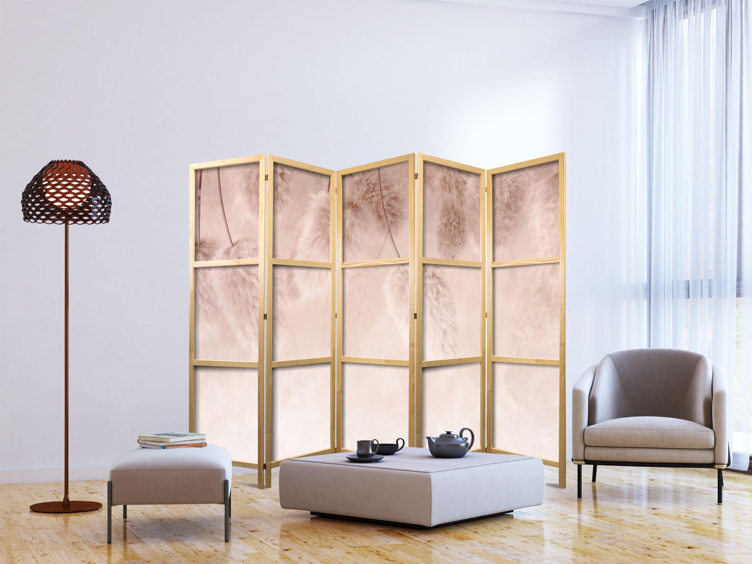 murando - Paravent Raumteiler Holz Gras, 225x172 cm, 5-teilig, Wohnzimmer