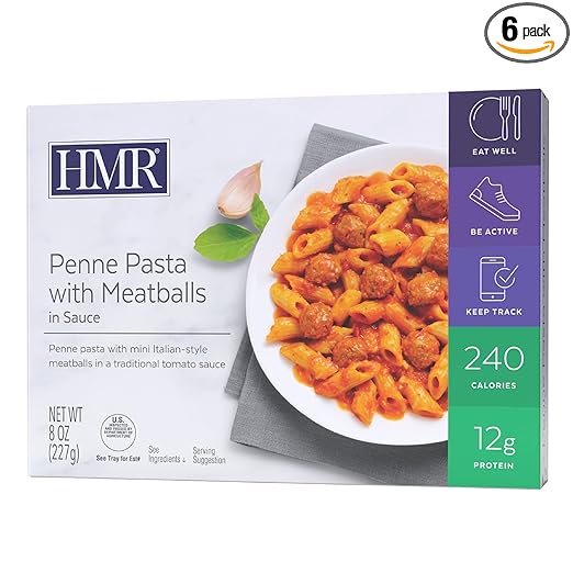 HMR Penne Pasta with Meatballs Entrée | Pre-packaged Lunch or Dinner to Support Healthy Eating | Ready to Eat | 12g of Protein | Low Calorie Food | 8oz Serving per Meal | Pack of 6