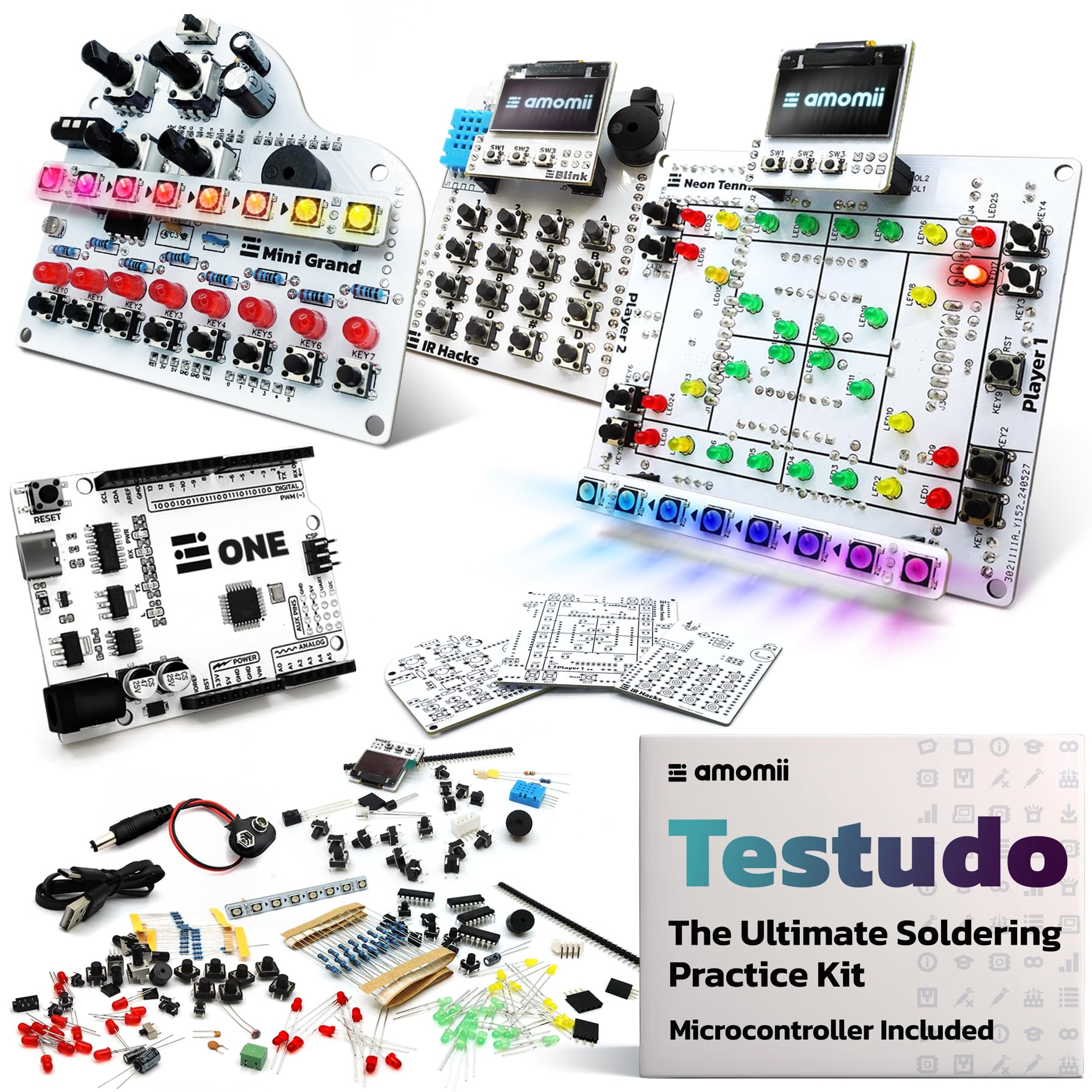 amomii Testudo: Soldering Practice Kit, 3 Builds, Multiple Projects + USB C Microcontroller, Arduino IDE Compatible Electronics Starter Kit for Beginners, Makers, Adults & Teens, Included eBook