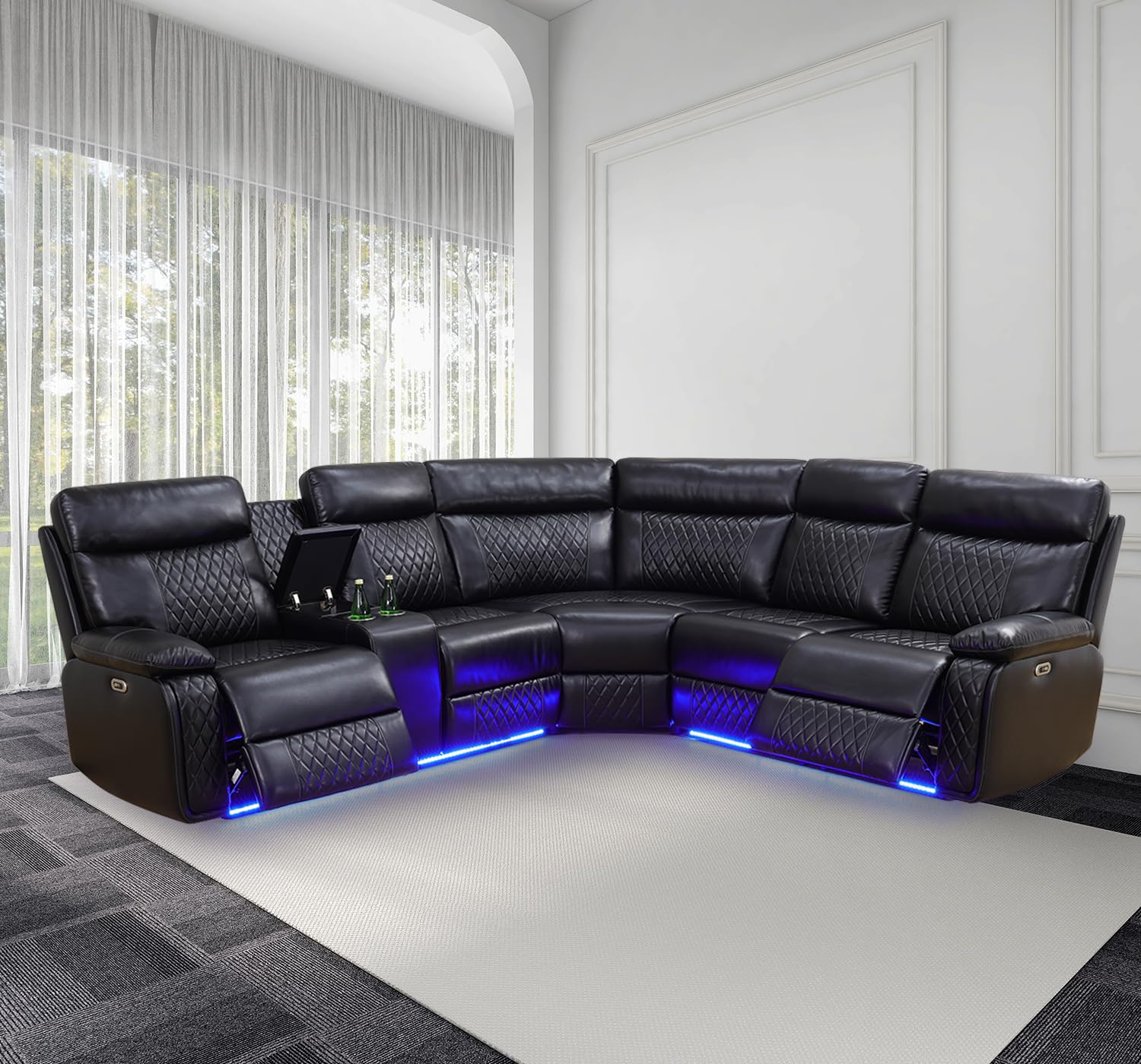 Power Recliner Sofa Sectional Couch with LED Light for Living Room,Leather Reclining Corner Sectional Sofa with 2 Recliner Seats,Cup Holder,Storage Console for House/Home Theater, Black