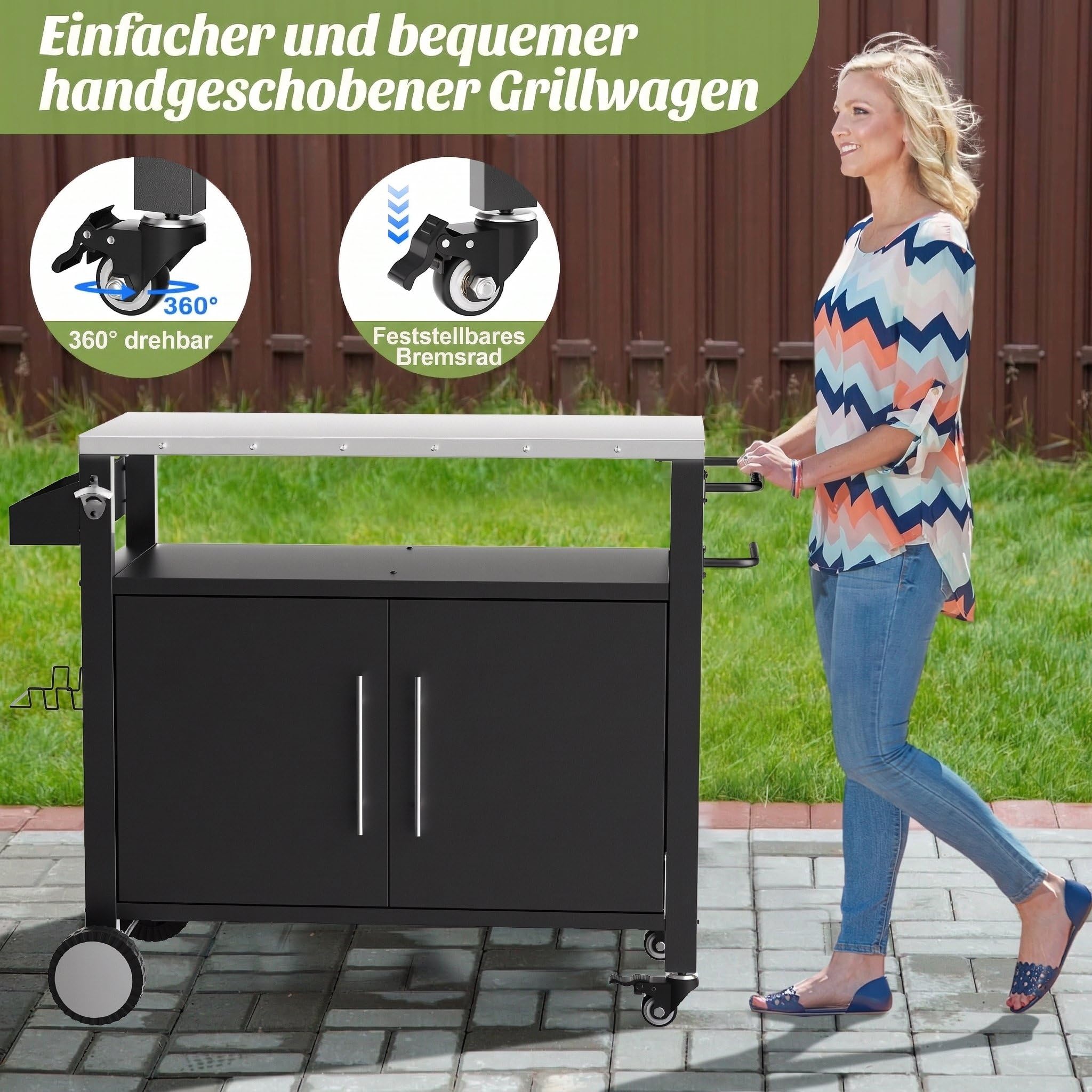 Metallschrank Outdoor mit Stauraum, Gartenschrank Wetterfest mit Haken und Gewürzregal, Outdoor Küche mit 360°-Rollen, für Terrasse/Balkon/Garten, Werkzeugschrank, Wetterfest