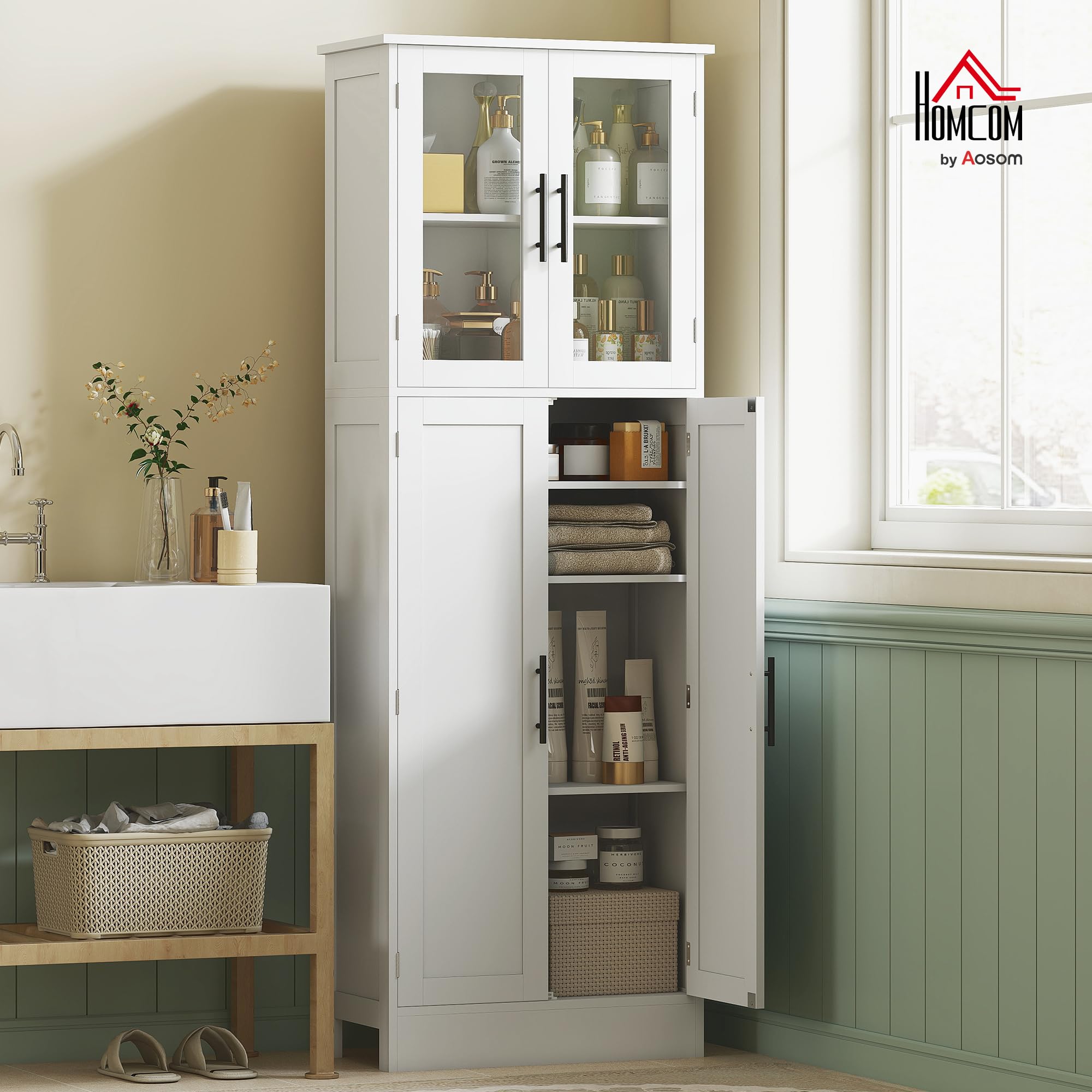 HOMCOM Mobile Bagno Alto con Ante in Vetro e 2 Armadietti, Mobiletto Bagno Salvaspazio con Ripiani Regolabili, Armadio da Terra per Sala da Pranzo Salotto Soggiorno Cucina, 60x30x170 cm, Bianco