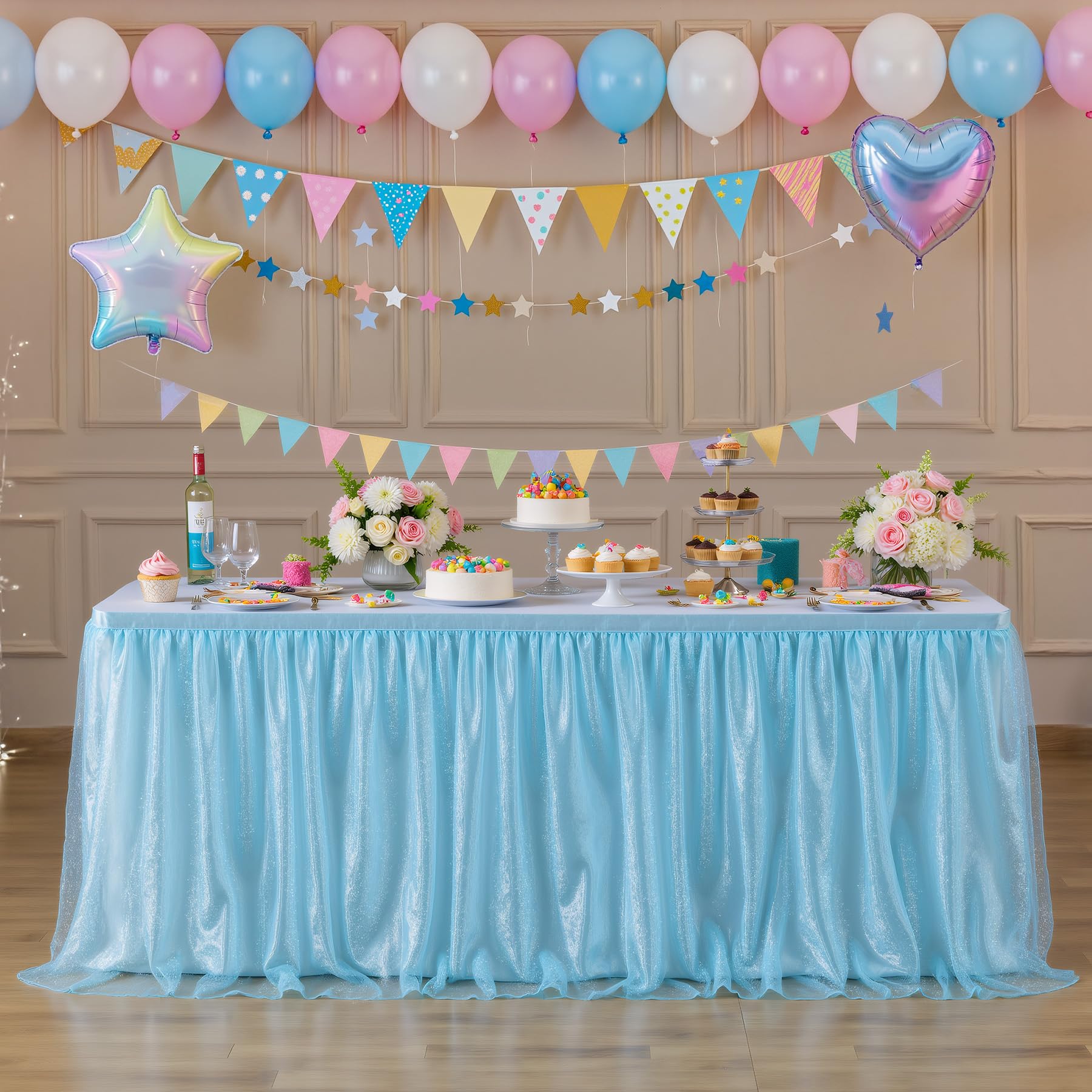 Baby Blue Tulle Table Skirt Rectangle Tables 6ft Desk Skirts for Teacher Desk Classroom Dorm Desk Curtain Fabric Ruffle Tutu Table Skirts Sequin Glitter Baby Shower Birthday Party Decoration