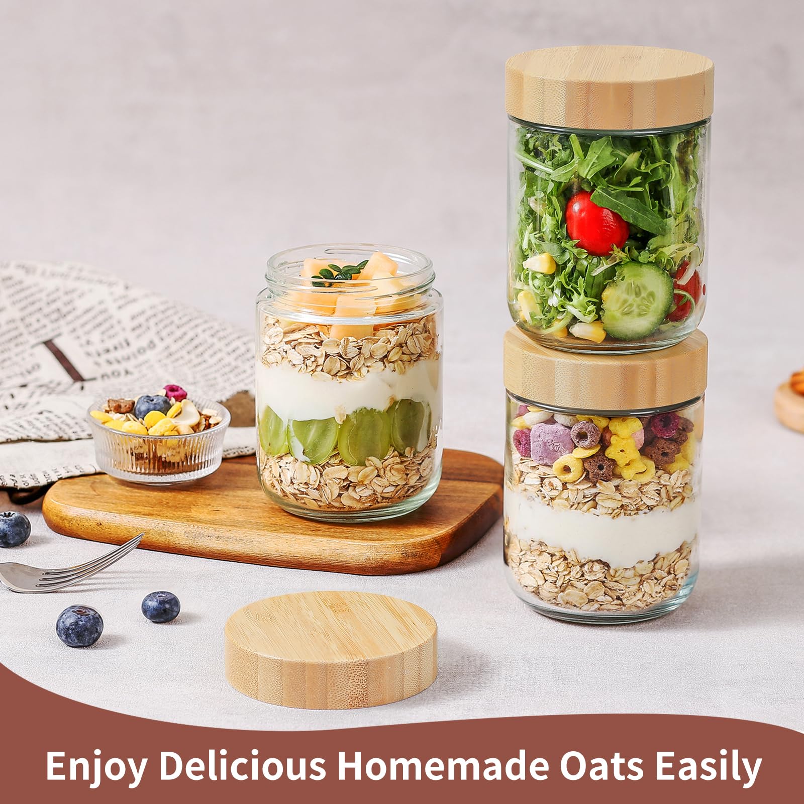 DRKIO 473 ml Haferbehälter mit Bambusdeckel – 4 Stück Vorratsgläser aus Glas mit luftdichtem Deckel, breite Öffnung, ideal für Mahlzeiten, Salat, Chia, Pudding, Snacks, Joghurt, Zucker, Gewürze, Müsli
