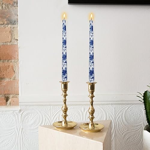 Miniatura 7 de Velas impresas azules y blancas sin aroma, candelabros de 10 pulgadas de altura, 2 piezas de velas cónicas hechas a mano para hogar, boda, cena,