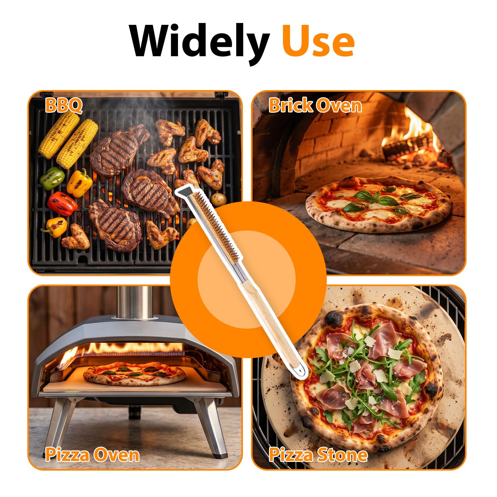 Brosse de Four à Pizza avec Grattoir, Outil de Nettoyage 53 cm, Poils en Laiton Résistants à la Chaleur et Manche en Grille Barbecue, Boispour Pierre à Pizza et Fours Extérieurs