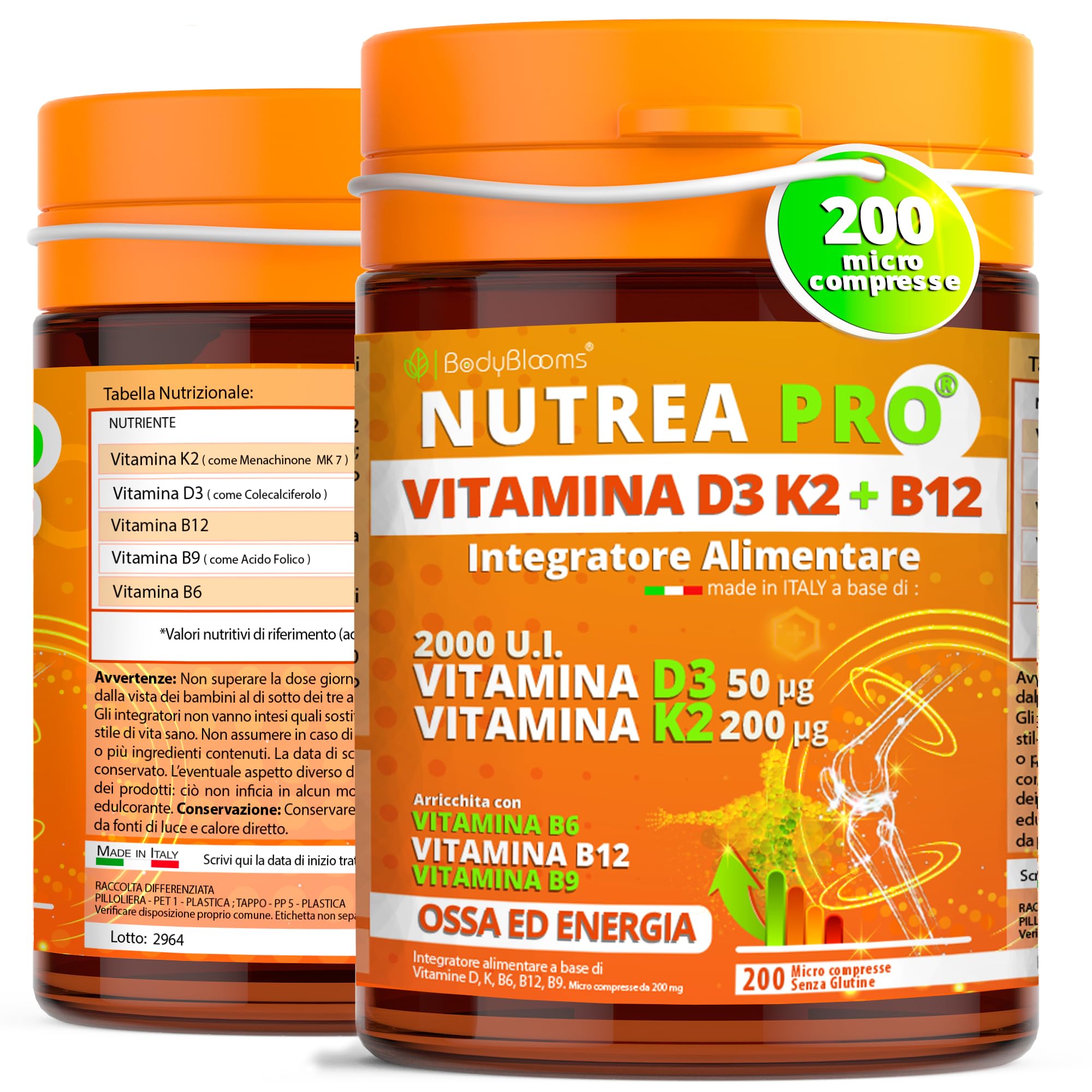 Vitamina d3 k2 2000UI - 200 Micro Compresse vit d3 k2 Arricchite con B12 e Acido folico. Supporto completo per ossa, muscoli ed energia - Integratore di Vitamina D senza glutine. Made in Italy