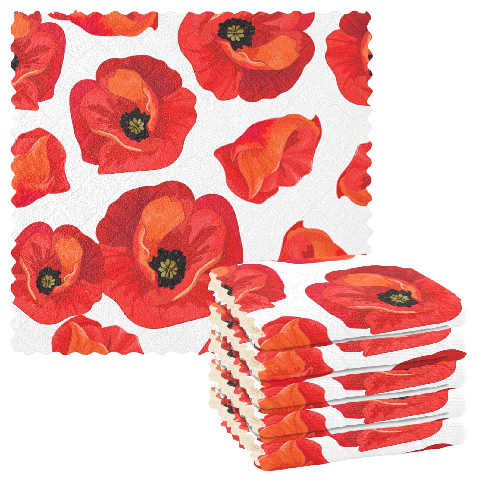 Poeticcity White,Red Seamless Floral Red Poppies Summer Floral Pattern On White 6 Set Kitchen Dish Towels, Washcloths Cleaning Cloths Dish Cloths, Absorbent Towels Lint Free Bar Tea Soft Waffle Towel 11"X11"