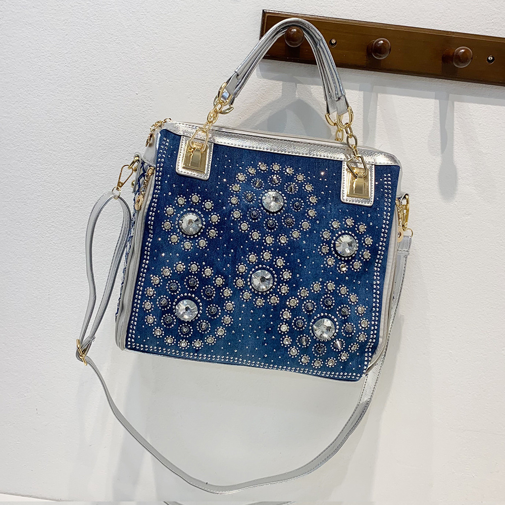 Bolso de hombro de denim para mujer con cristales y diseño cuadrado miniatura 6