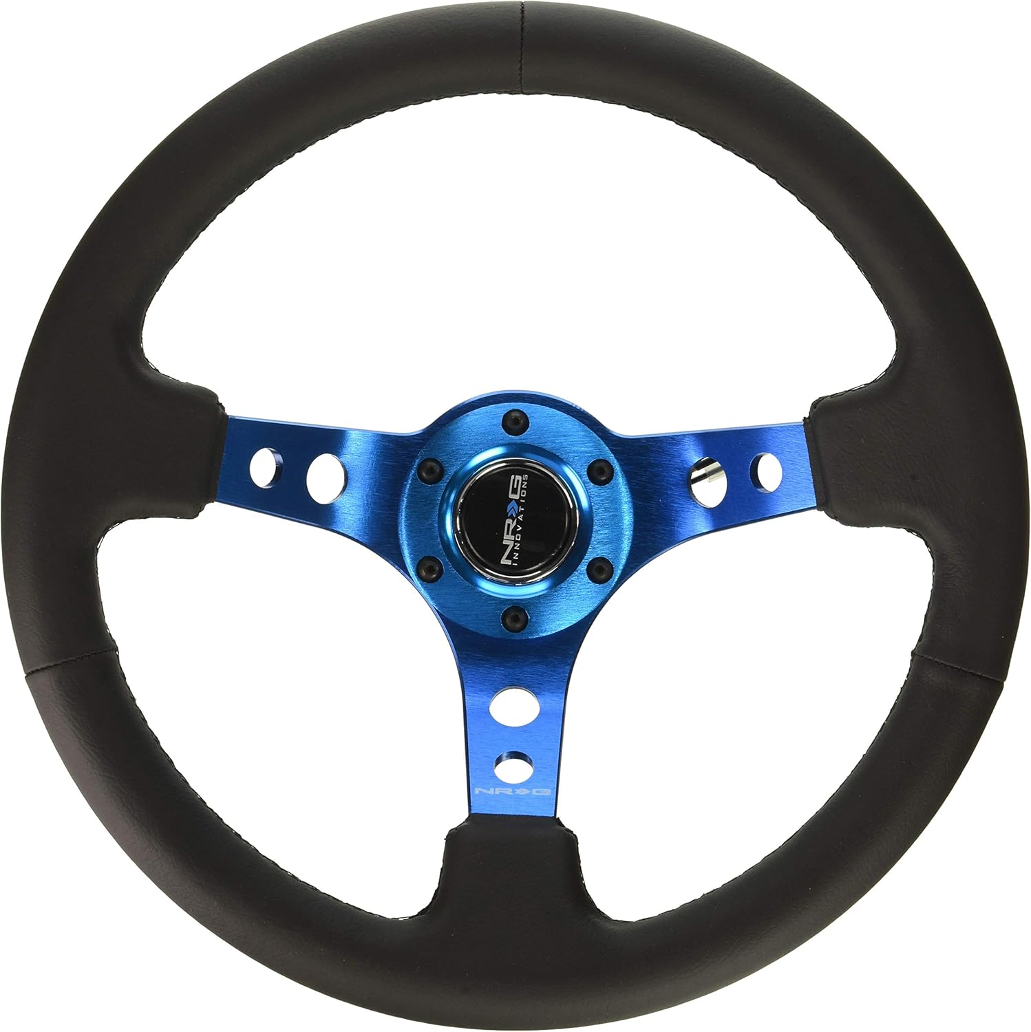 NRG Innovations NRG-RST-006BL Reinforced Steering Wheel - 350mm Sport Steering Wheel (3 Deep) - Blue Spoke w/Round holes/Black Leather