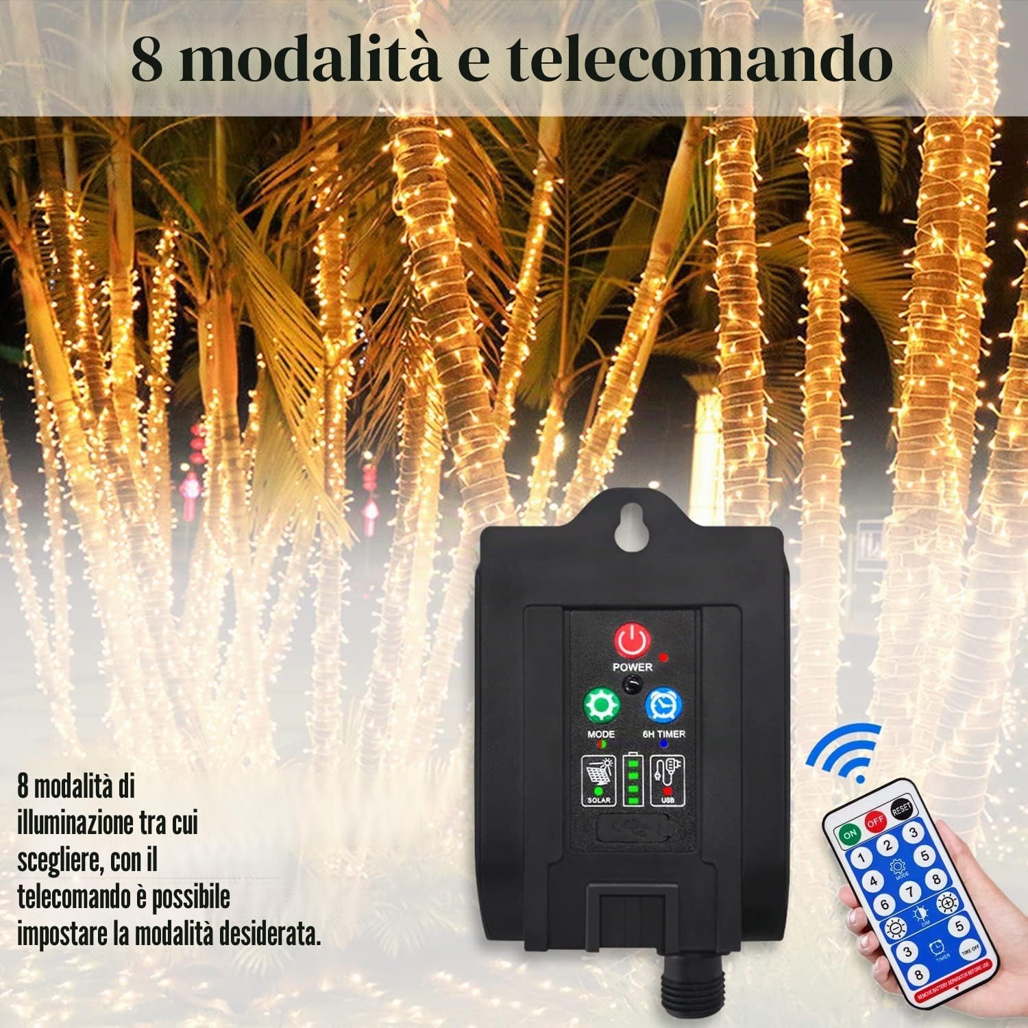 FIVMEN Catena di luci solari per esterni, 100 m, 1000 LED, per esterni, resistente alle intemperie, impermeabile, IP44, con pannello solare e USB, decorazione natalizia, illuminazione per esterni