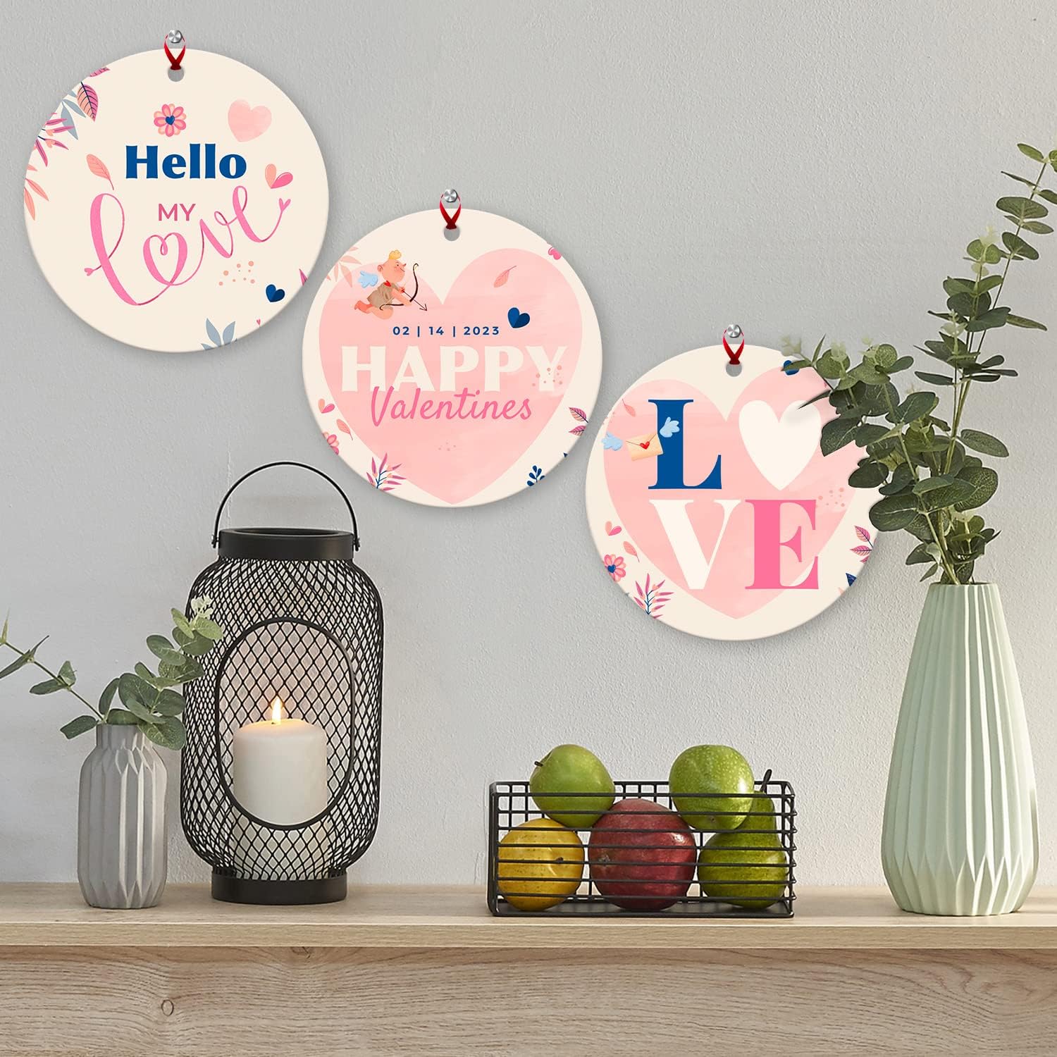 Soul Décor Valentines Day Ornaments Decoration, Hello My Love Happy Valentines, Large 8" Round Metal Ornament, with Red Satin Ribbon