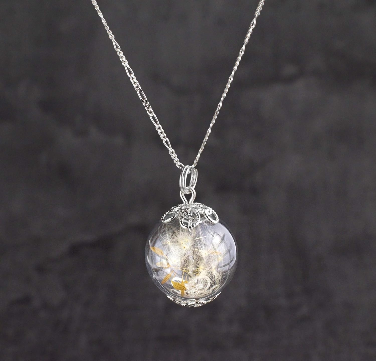 MadamLili Make a Wish Silver Necklace with Real Dandelions - 925 Sterling Silver - 27inch/70cm Chain - Real Silver - Handmade in Germany - Gift Box