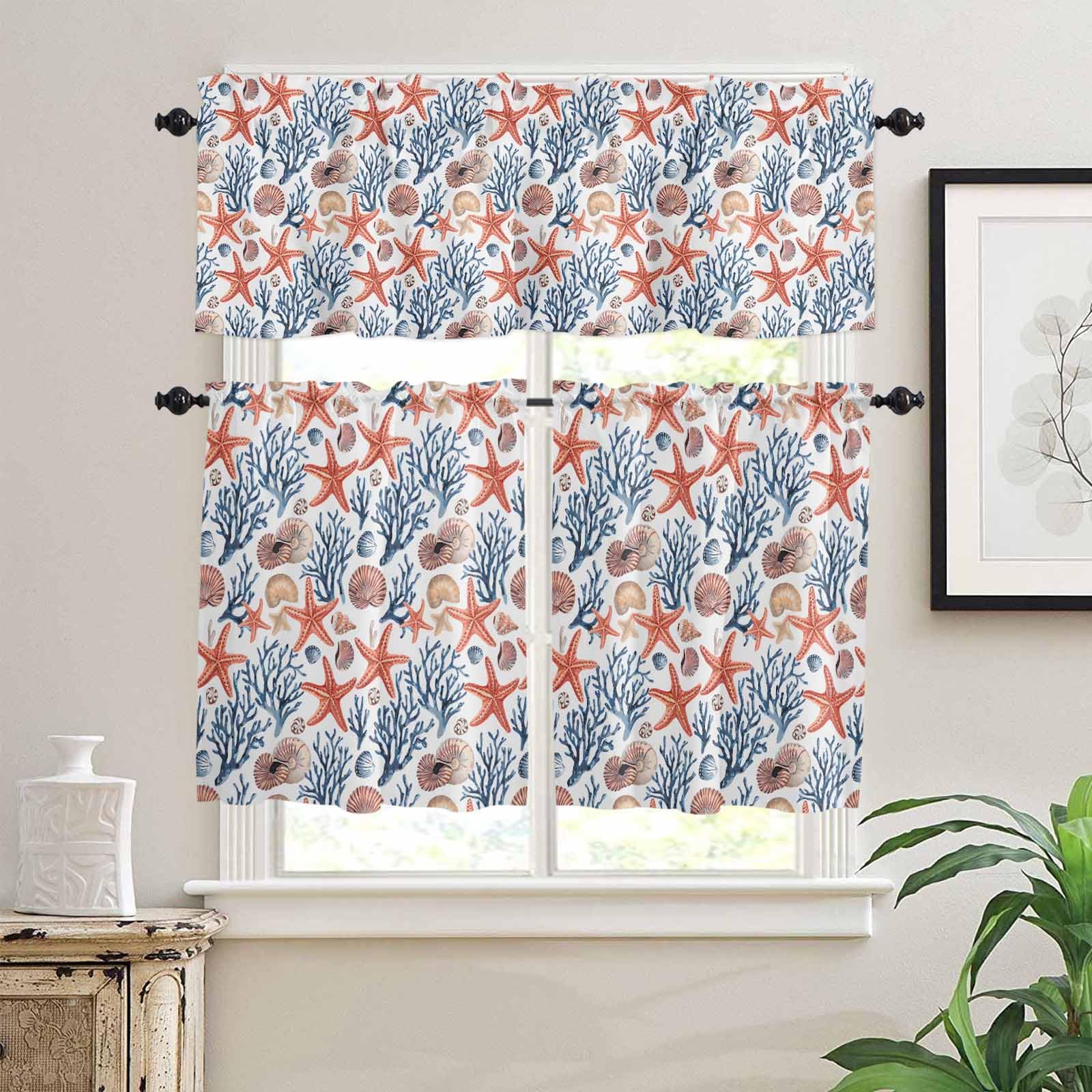 Coastal Kitchen Curtains 36 Inch Length,3 Piece Rod Pocket Small Half Tiers and Valance Set,Summer Beach Starfish Coral Shell Conch Nautical Small Large Window Treatment Decor for Bedroom/Bathroom