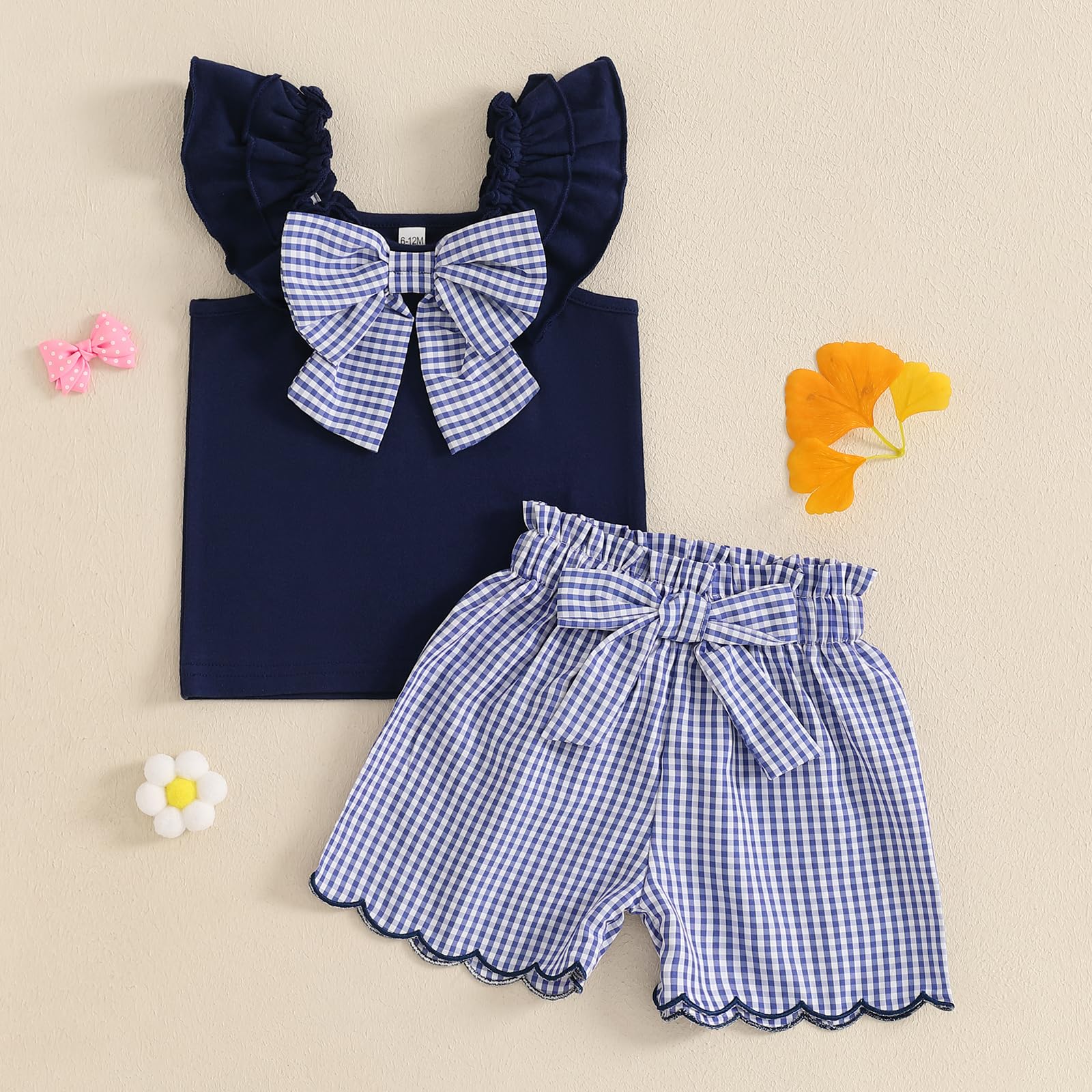 Aiwpstoin Toddler Baby Girl Summer Outfit Bow Embroidery Short Sleeve T-Shirt Top Plaid Ruffle Shorts Set Little Girls Clothes (Navy Blue, 3-4T)