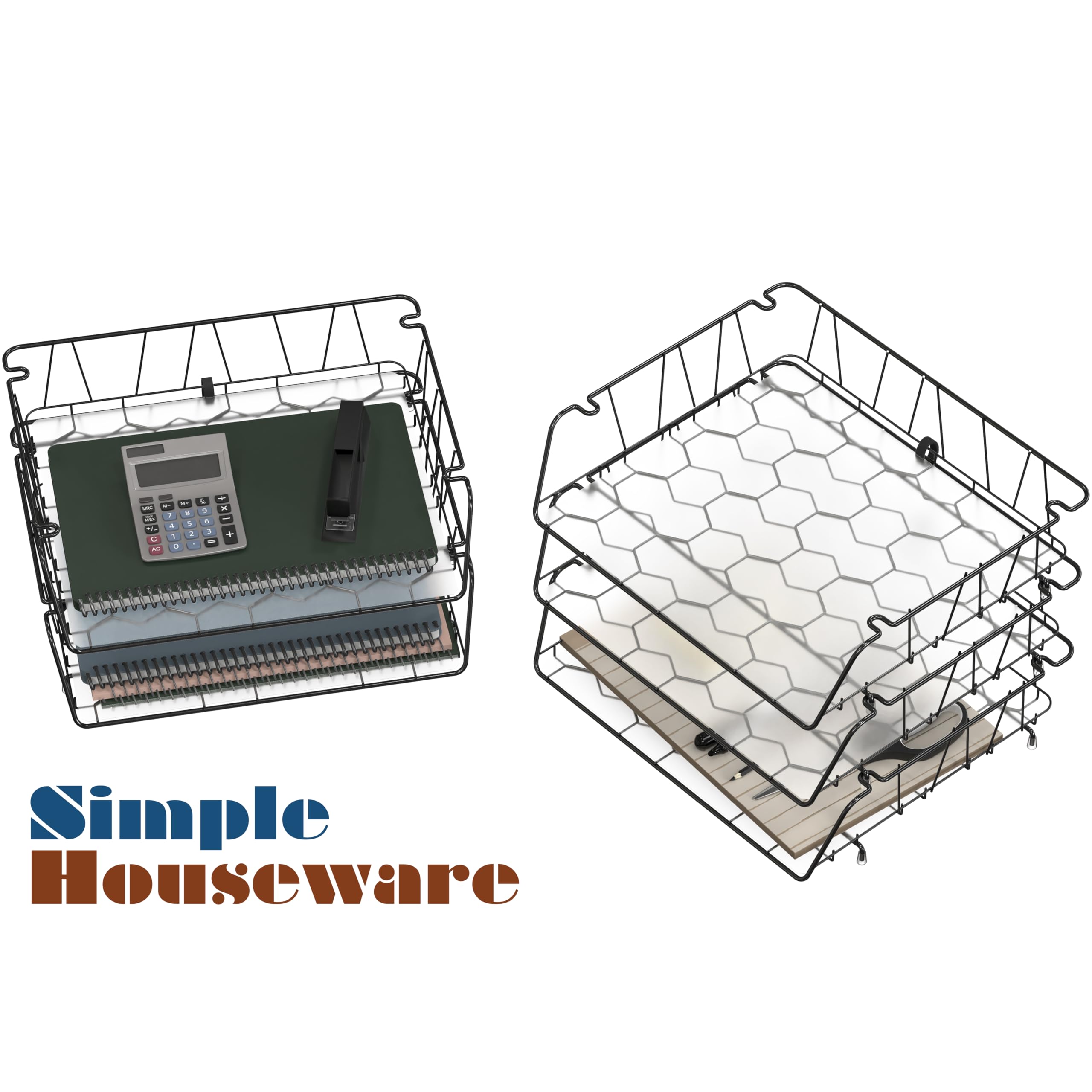 SimpleHouseware Stapelbare Briefablage mit breitem Eingang, mit Auskleidung, Drahtgitter, 3 Packungen, Schwarz