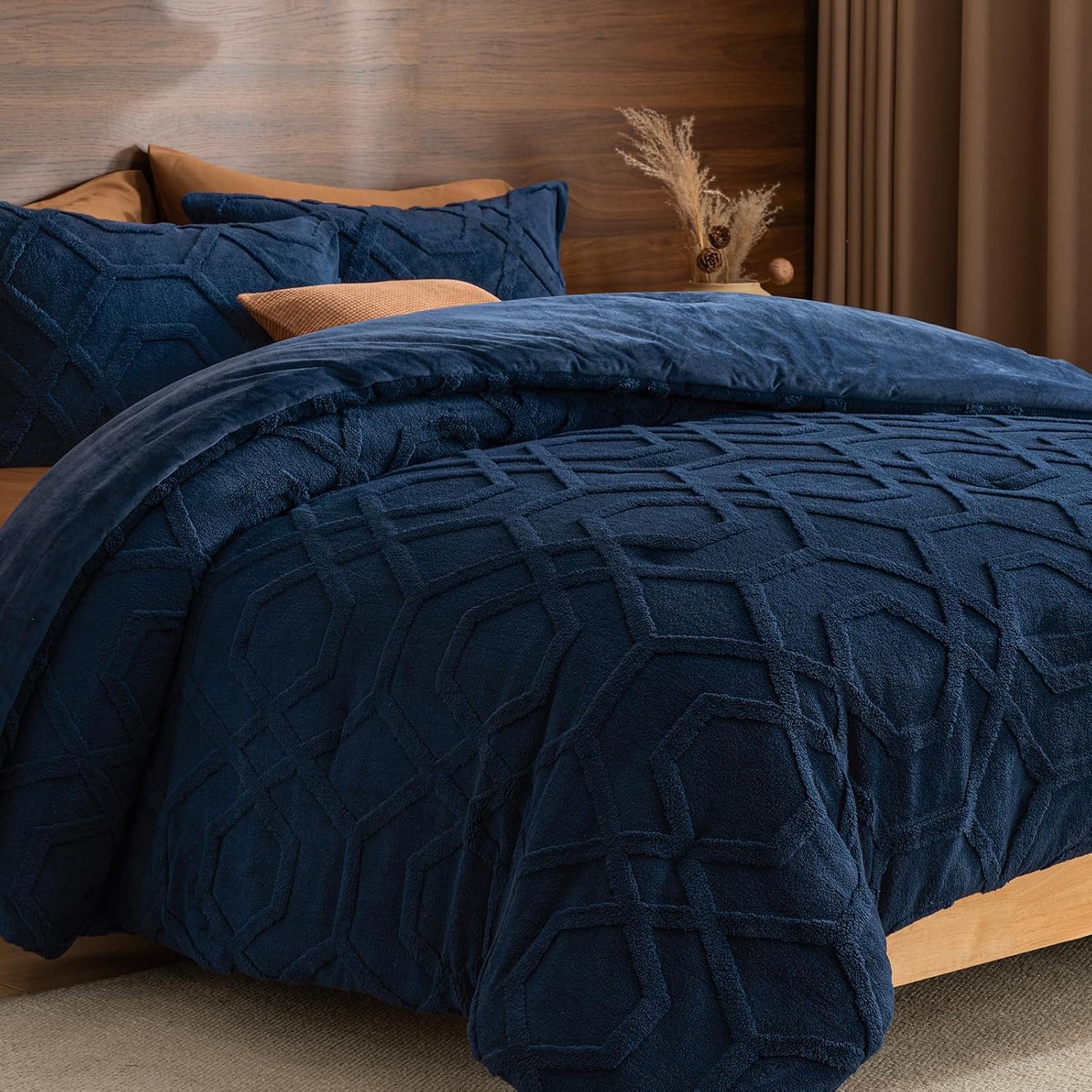 PHF Warm Sherpa Fleece Queen Comforter Set, 3D Tufted Fluffy Grey Bedding for Winter, Soft 3 Pieces Shaggy Bed Set, 1 Comforter (90"x90") and 2 Pillowcases (20"x26")