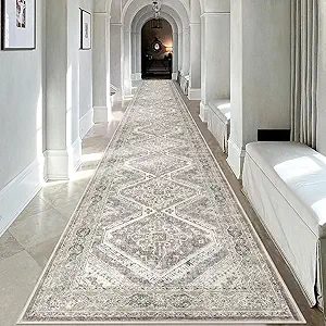 KUTA Extra Long Runner Rug for Hallway 2.6x18ft, Oriental Washable Kitchen Rugs, Ivory Grey Yellow Non-Slip Stair Runners Indoor Soft Printed Vintage Floral Carpet for Bedroom Living Room Nursery