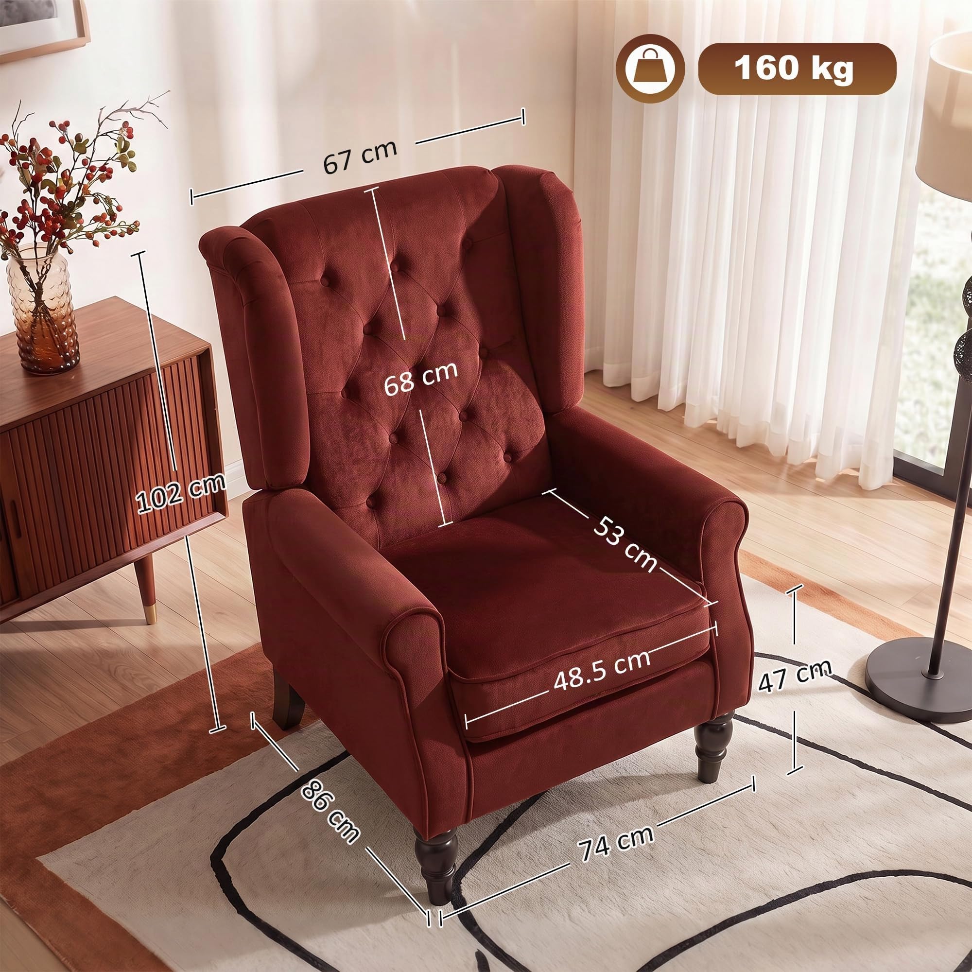 HOMCOM Poltrona Camera da Letto in Stile Francese, in Velluto, Rosso Vino