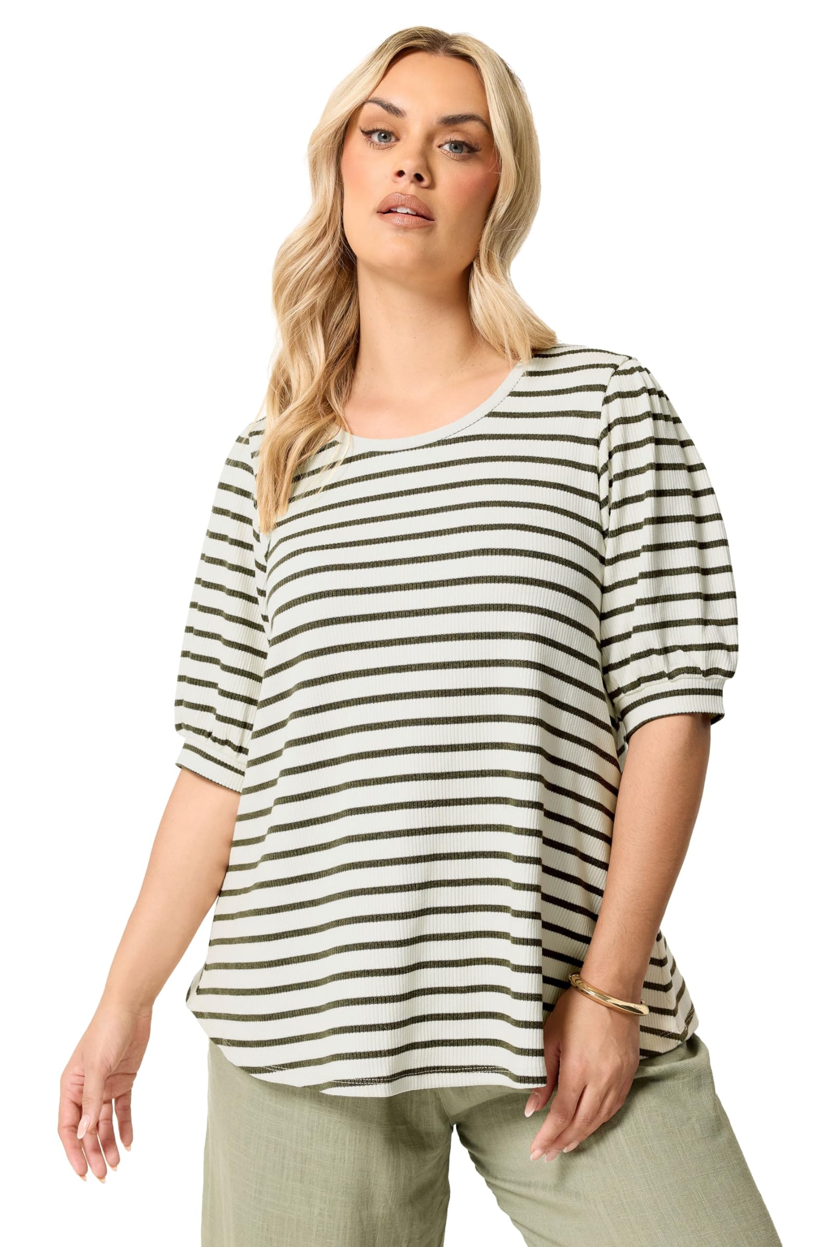 Yours Women's Off White Stripe Knitted Puff Sleeve Top In Size 16