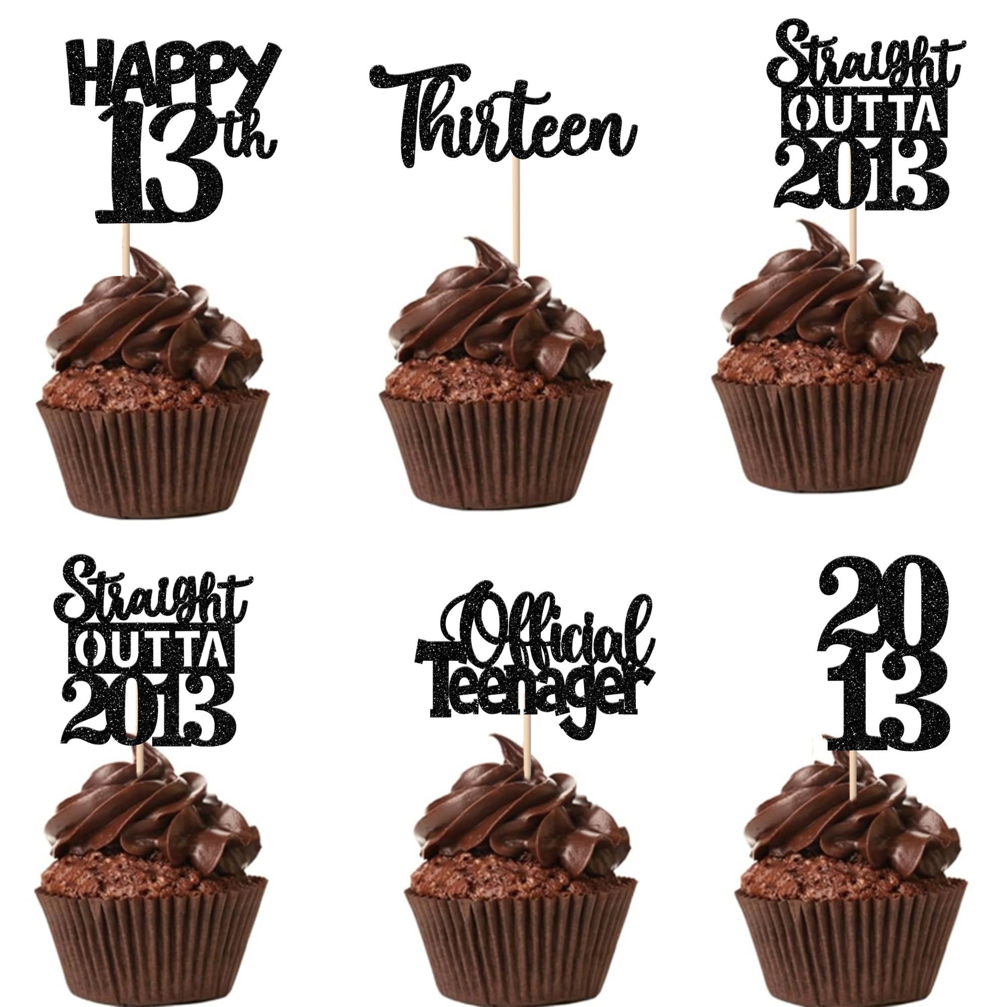 30PCS Black 13th Birthday Cupcake Toppers Glitter Thirteen Happy 13th Straight Outta 2012 Cupcake Picks for Cheers to 13 Years Birthday Anniversary Party Decorations Supplies