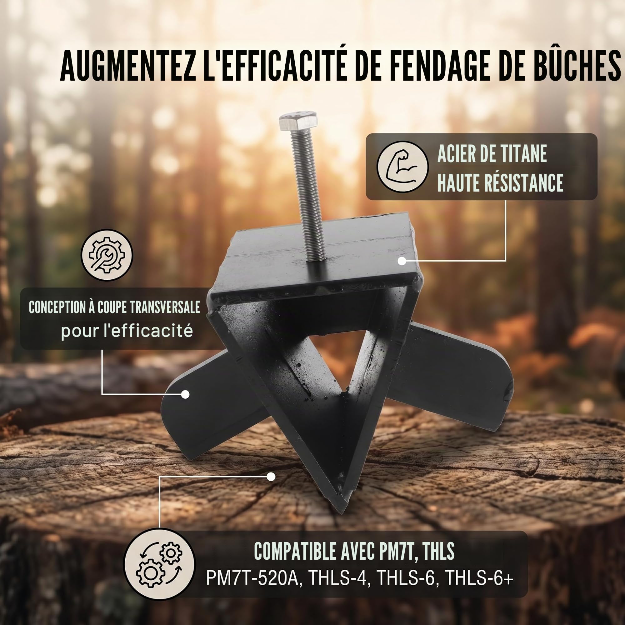 Cocoarm Tête de fendeuse croisée Acier Titane pour bûche Horizontale