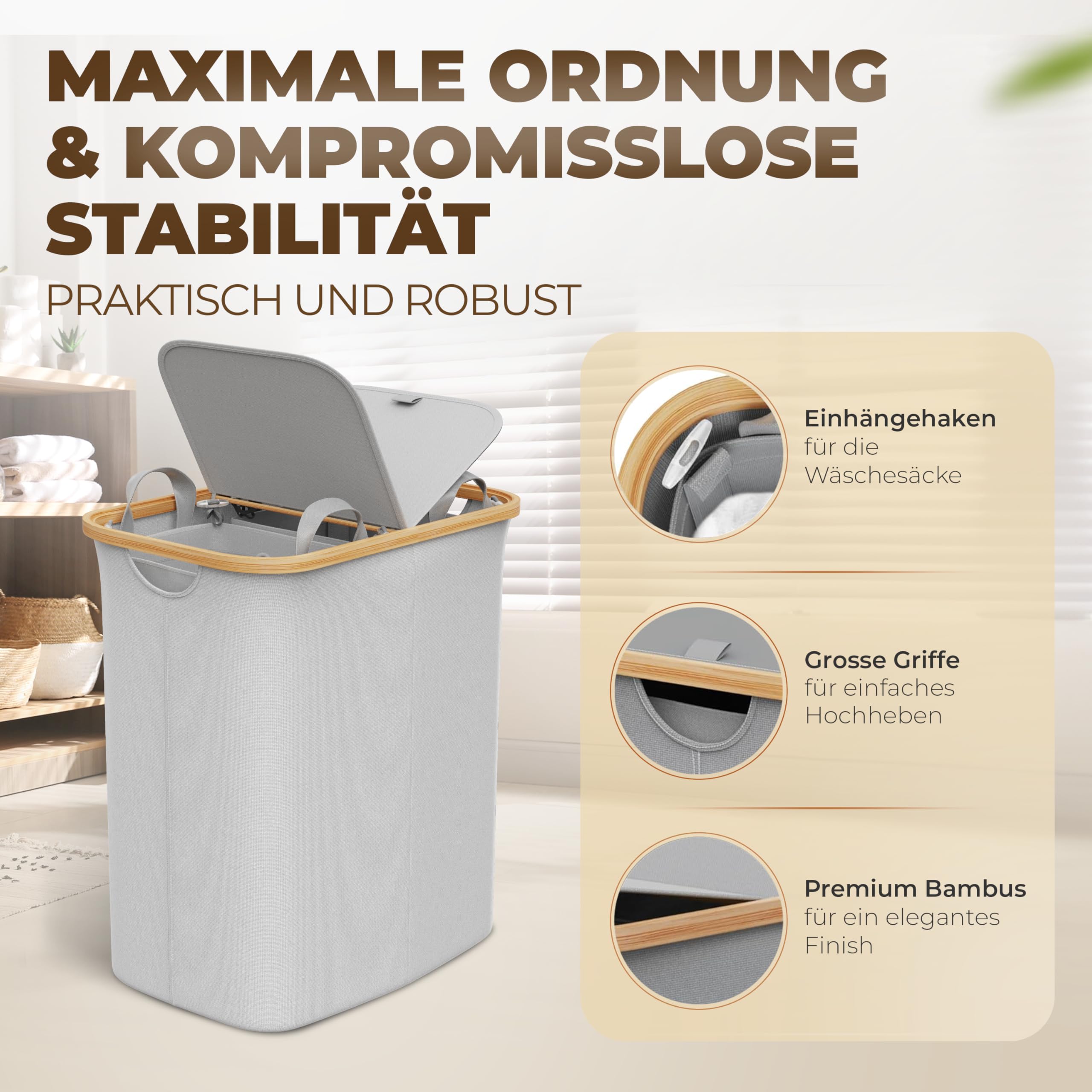 Wschekorb 100L mit 2 Deckeln und 2 Fchern  Faltbarer Wschesammler aus  Bambus-Stoff Hellgrau  Wschebox, Wschetruhe, Wschebehlter,  Wschetrenner fr Bad, Schlafzimmer & Waschkche : Amazon.de: Kche,  Haushalt & Wohnen