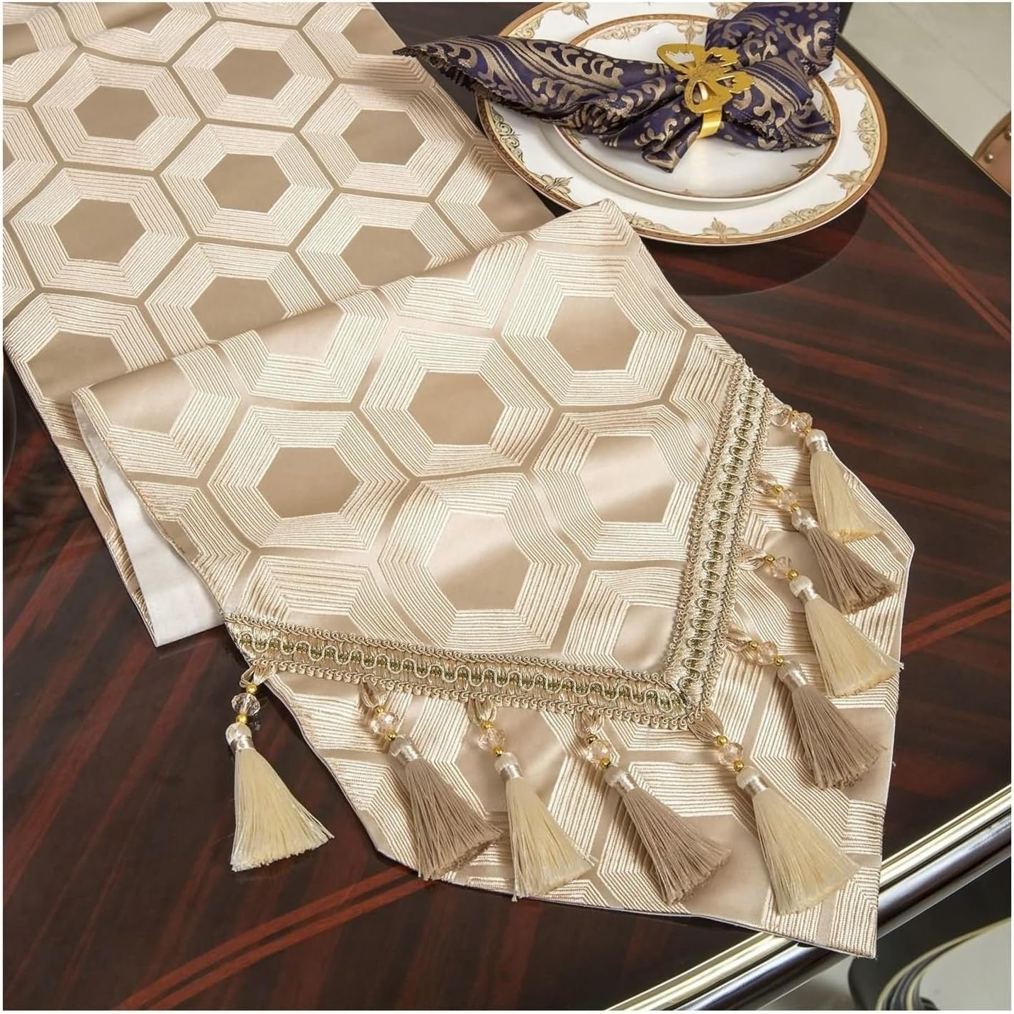 Coffee Table Runner,12" x 47",Geometric Pattern Linen Dining Table Runner Table Runner Table Dark Blue