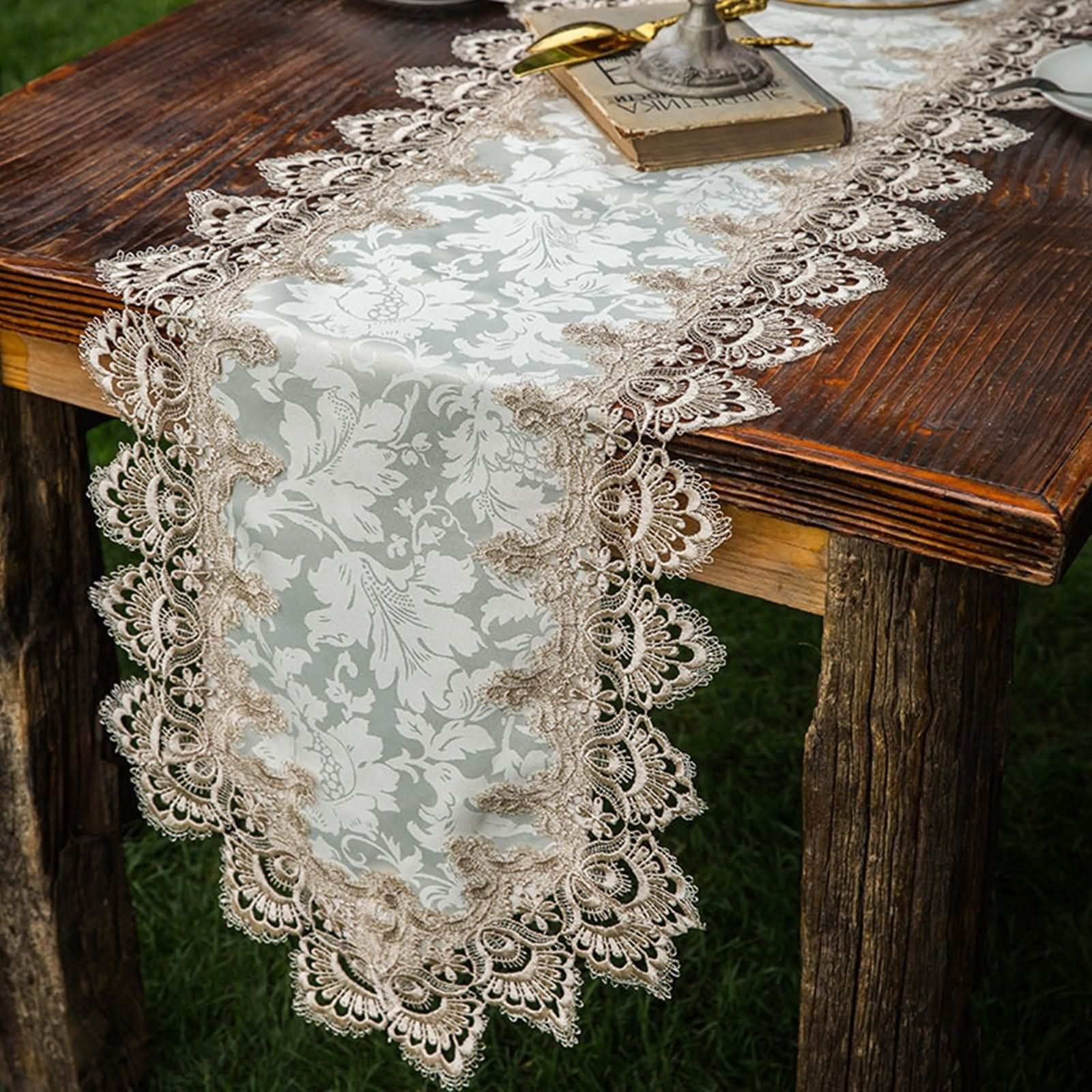 Tischband Herbst, Tischtuch für Biertisch aus Polyester Spitzenmuster Hellbraun 40x220CM für Abendessen Hochzeit Dekor