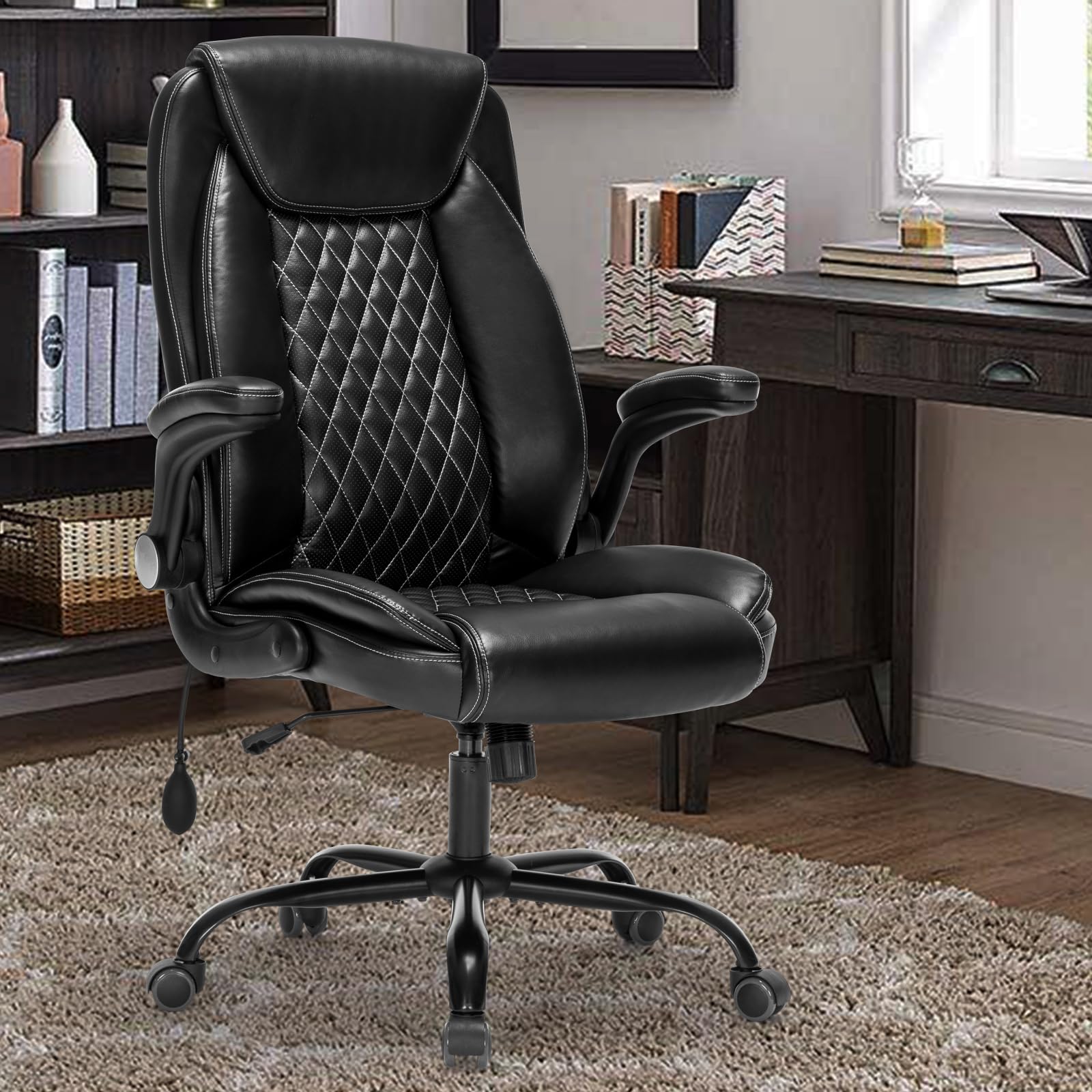 Seevoo Sedia da ufficio con schienale alto, supporto lombare regolabile con braccioli ribaltabili, in pelle PU, con cuscino a molla