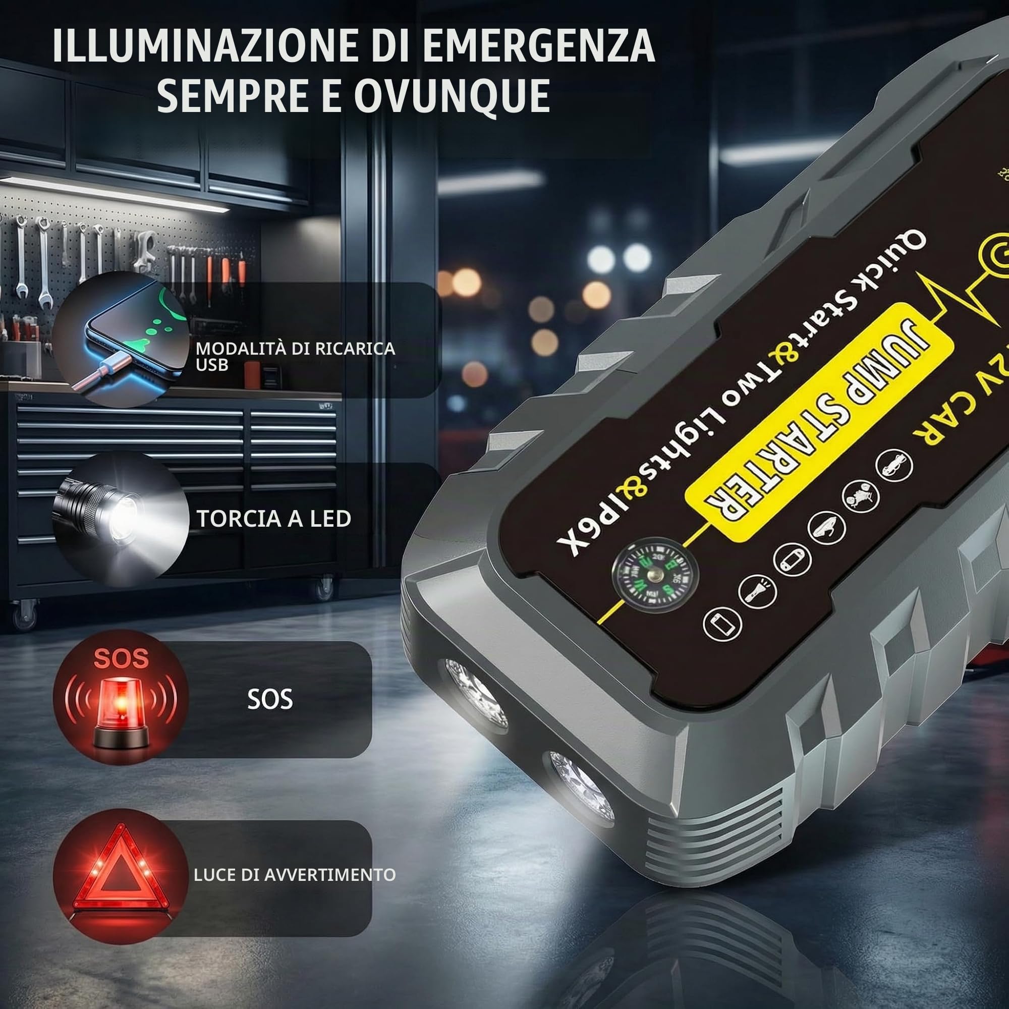 Avviatore per auto 3000A picco 2000A corrente di avviamento, Power bank portatile per batteria auto 12V per tutti i veicoli a benzina e diesel, con cavi booster intelligenti, torcia LED e porte USB