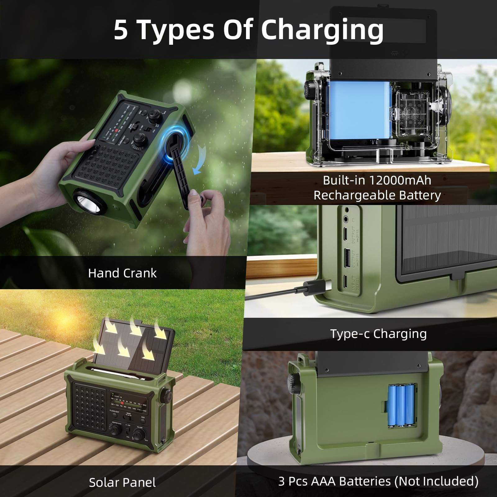 Solar Radio, Radio à Manivelle AM/FM avec 12000mAh Power Bank pour Le Chargement d’Urgence du Téléphone Intelligent, 5 Méthodes de Chargement, Prise Casque, SOS Alarme pour Le Camping, Urgence